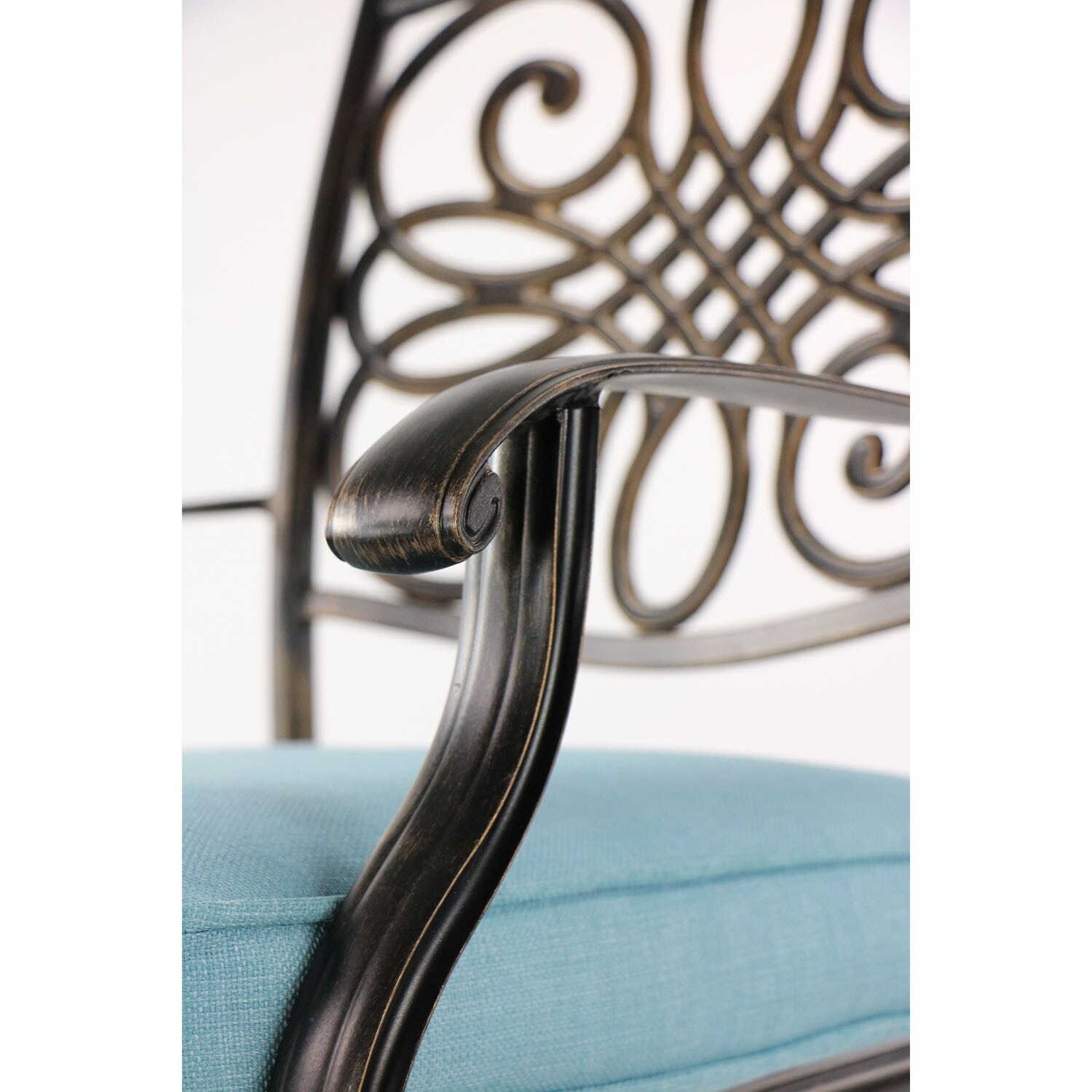 Bronze Cast Aluminum Round Outdoor Dining Set with Blue Cushions