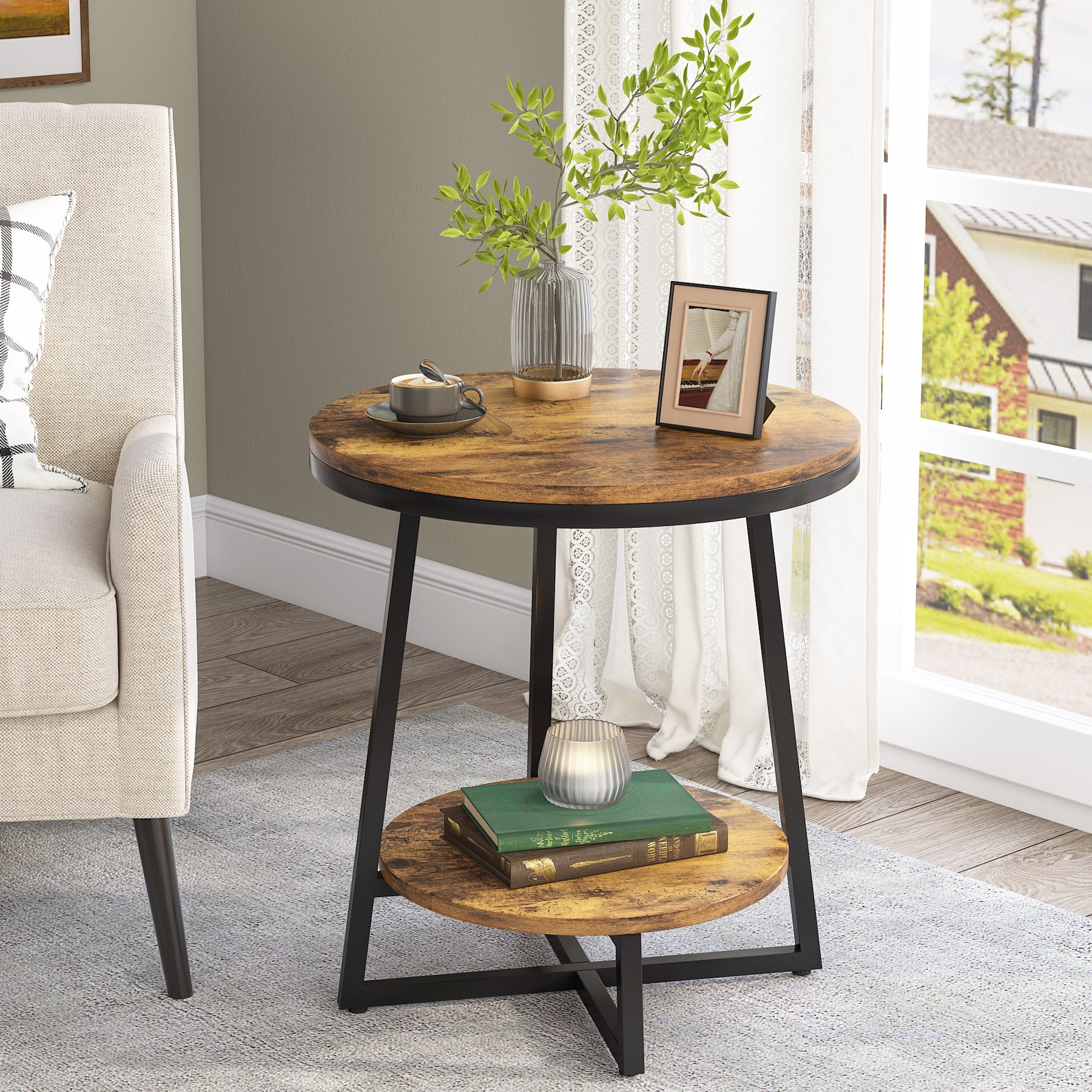 Tribesigns LWFD-U0088 End table 19.7-in W x 23.6-in H Brown Wood Round Modern End Table Assembly Required