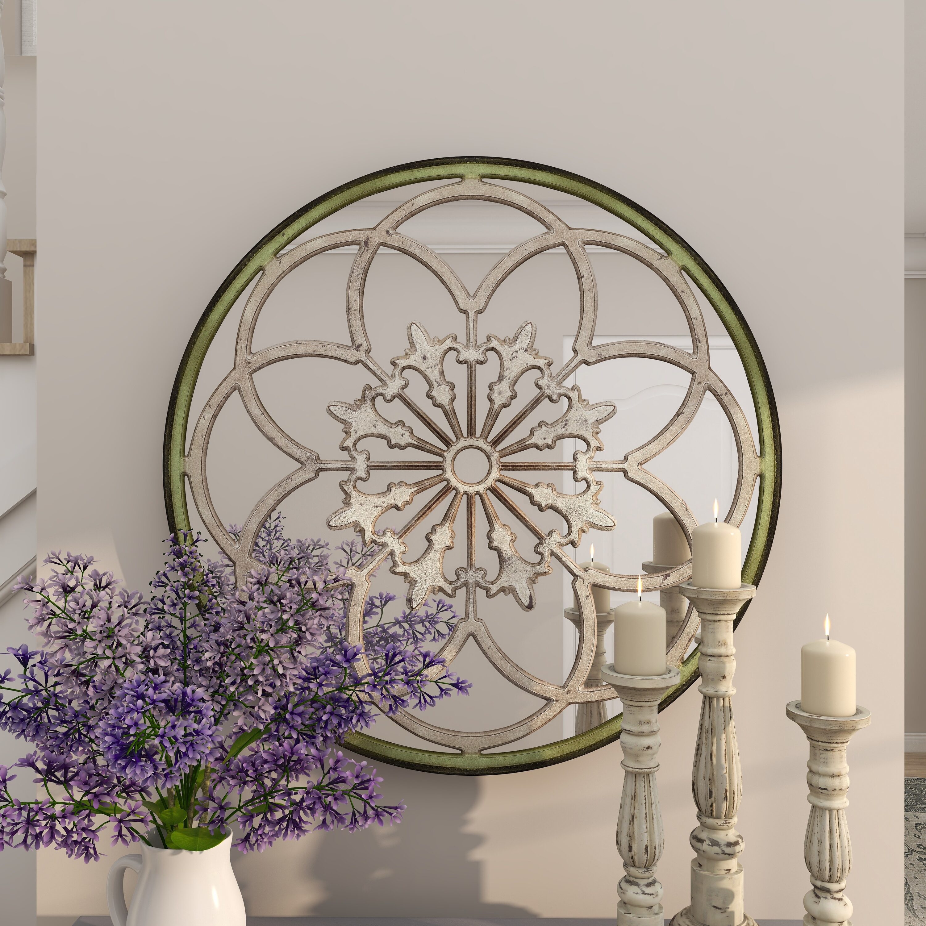 Vintage White Floral Medallion Round Wall Mirror