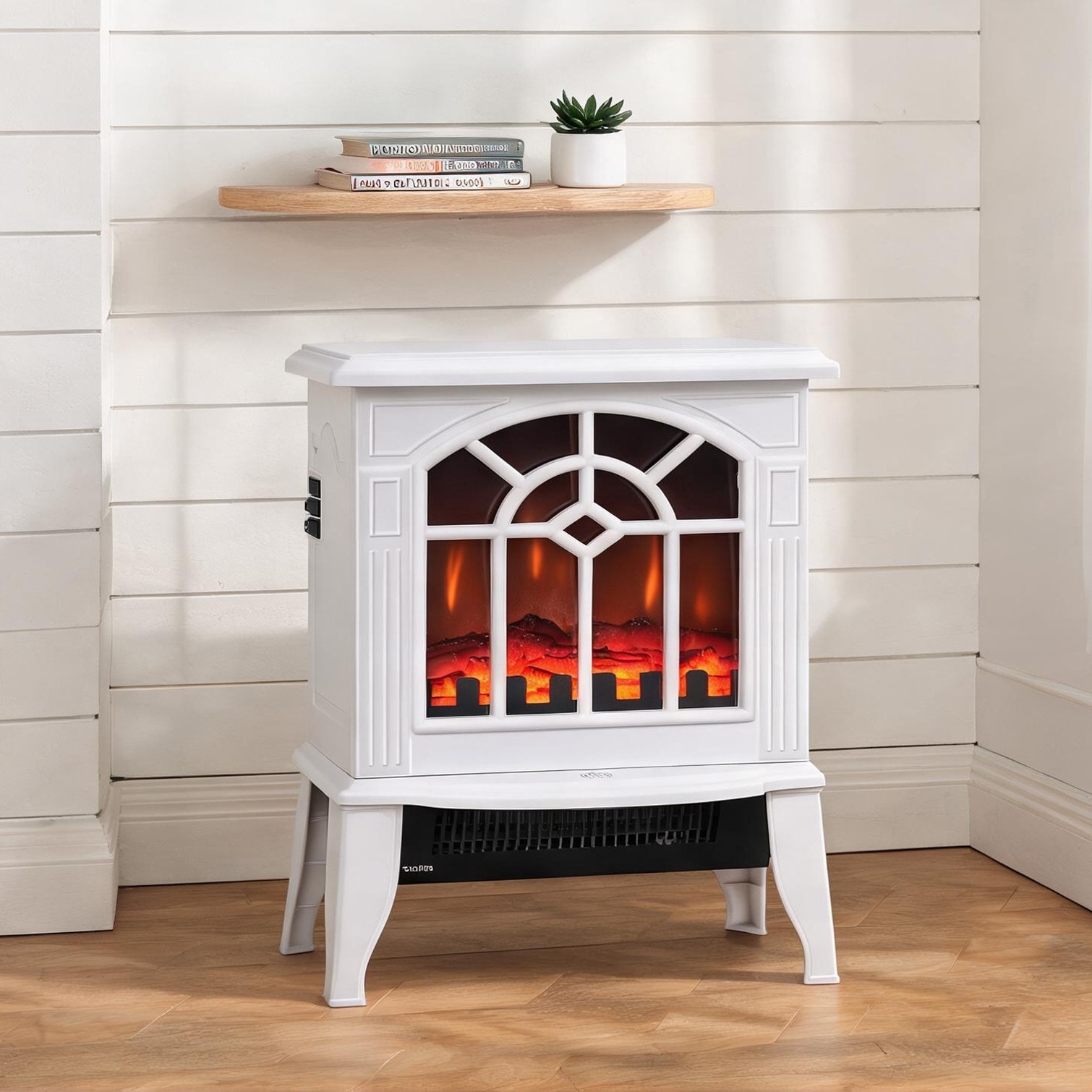 sunjurt - Crisp White Electric Stove Heater with Realistic Flame Effect and Adjustable Thermostat...
