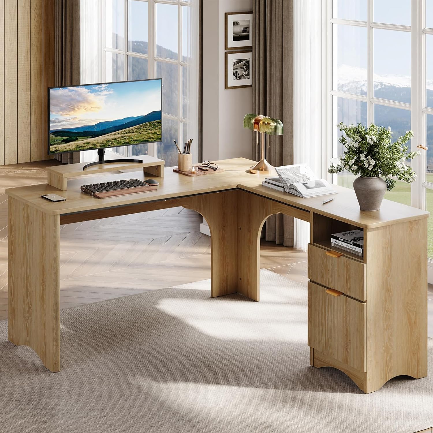 Bestier LOW-H106314M-LOG 55.12-in W 2-Drawer Oak Computer Desk with Monitor Stand and Fluted Panels