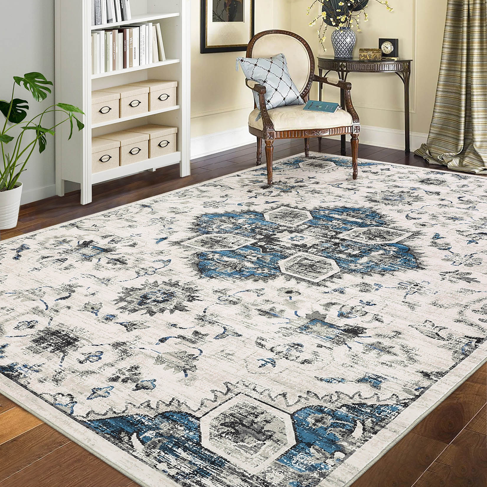 Garvee YXY-LO-PHO-1510JVG7 5 x 7 (ft) Loomed Polyester Gray Rectangular Indoor Floral/Botanical Vintage Machine washable Area rug