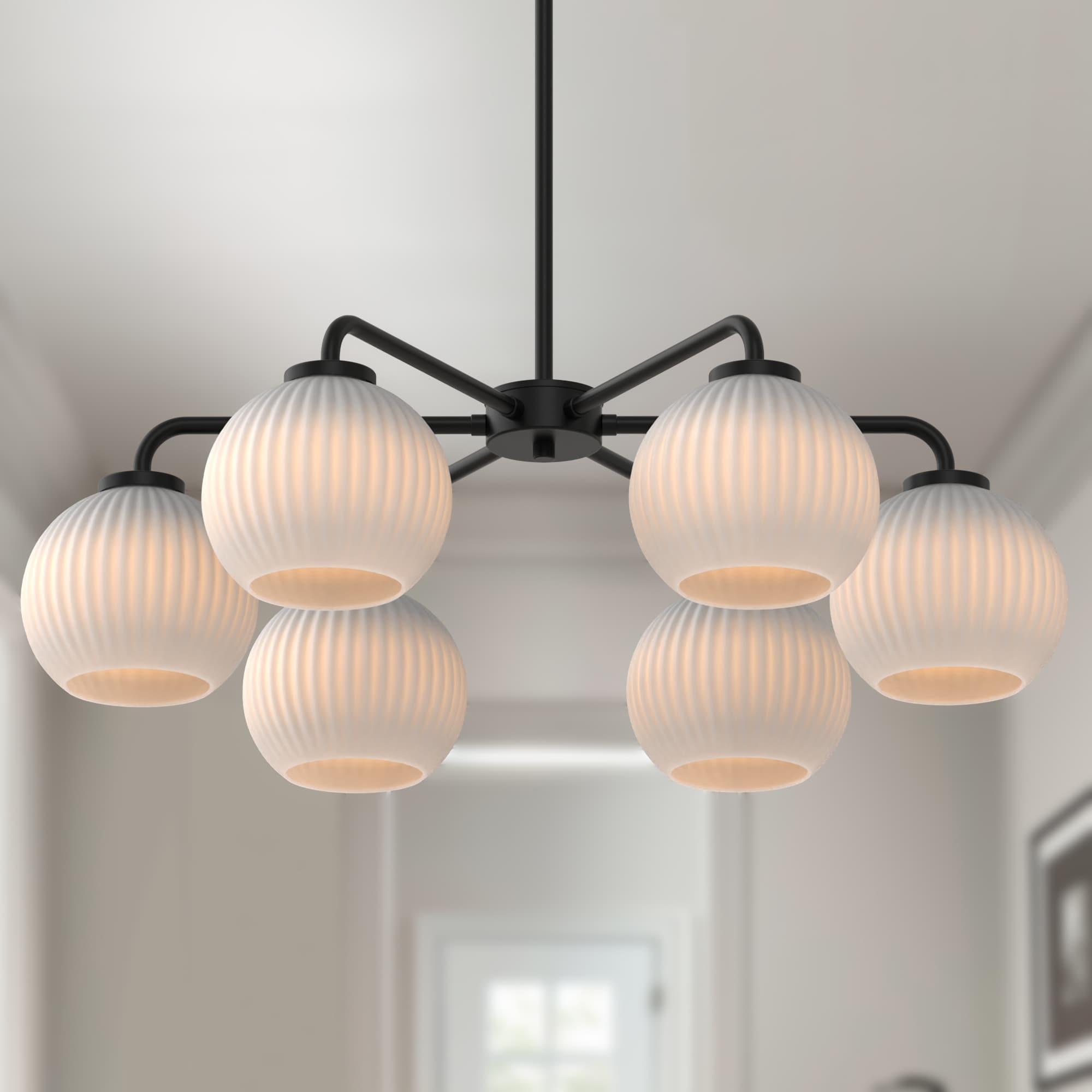 YANSUN LA-ZY-ZX18901FBL-11 6 -Light Black Modern/contemporary White glass Globe Large Hanging Convertible pendant/Semi-flush