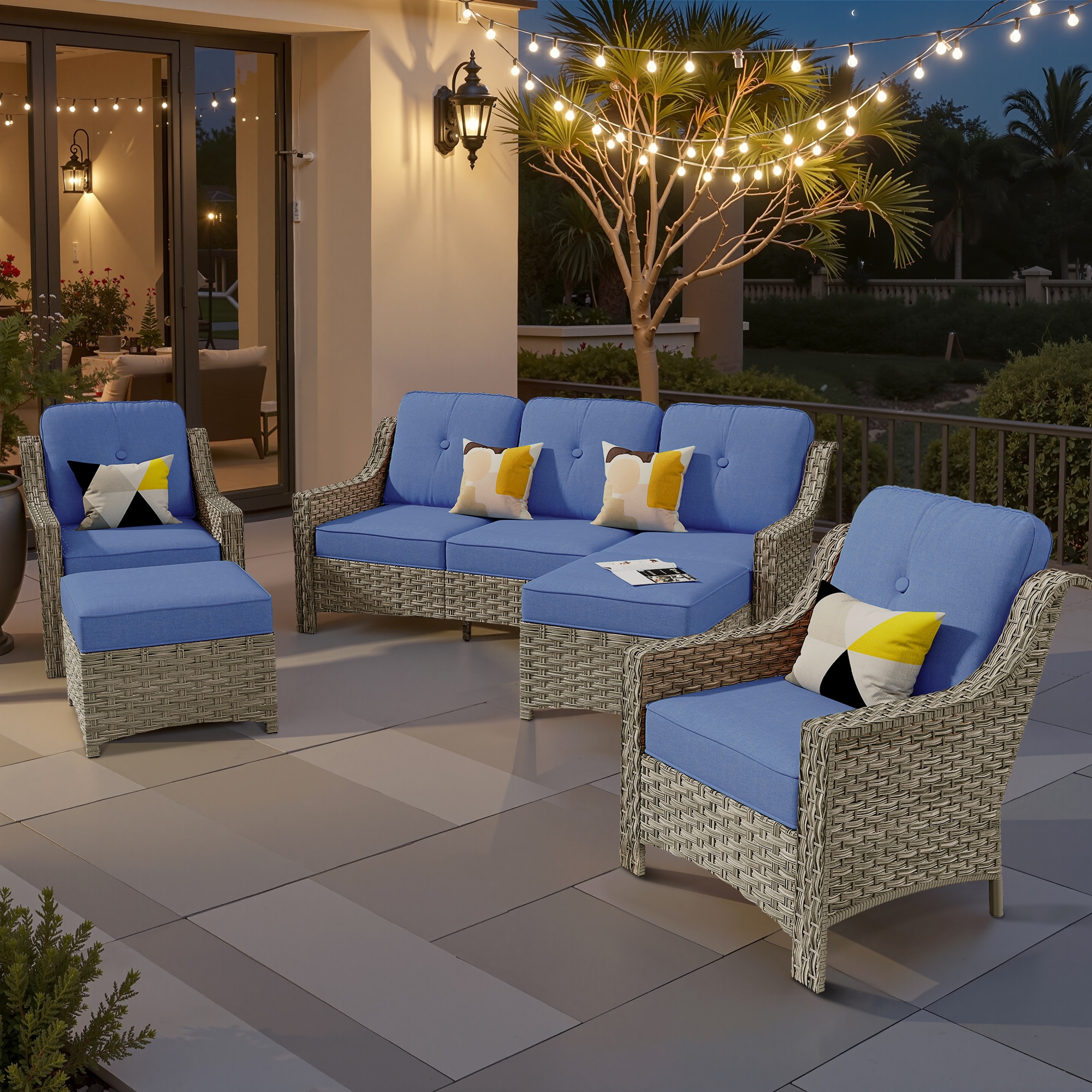 XIZZI XIPAD5053 Pyrophyllite 5 -Piece Rattan Patio Sofa Conversation Set with Blue Cushions