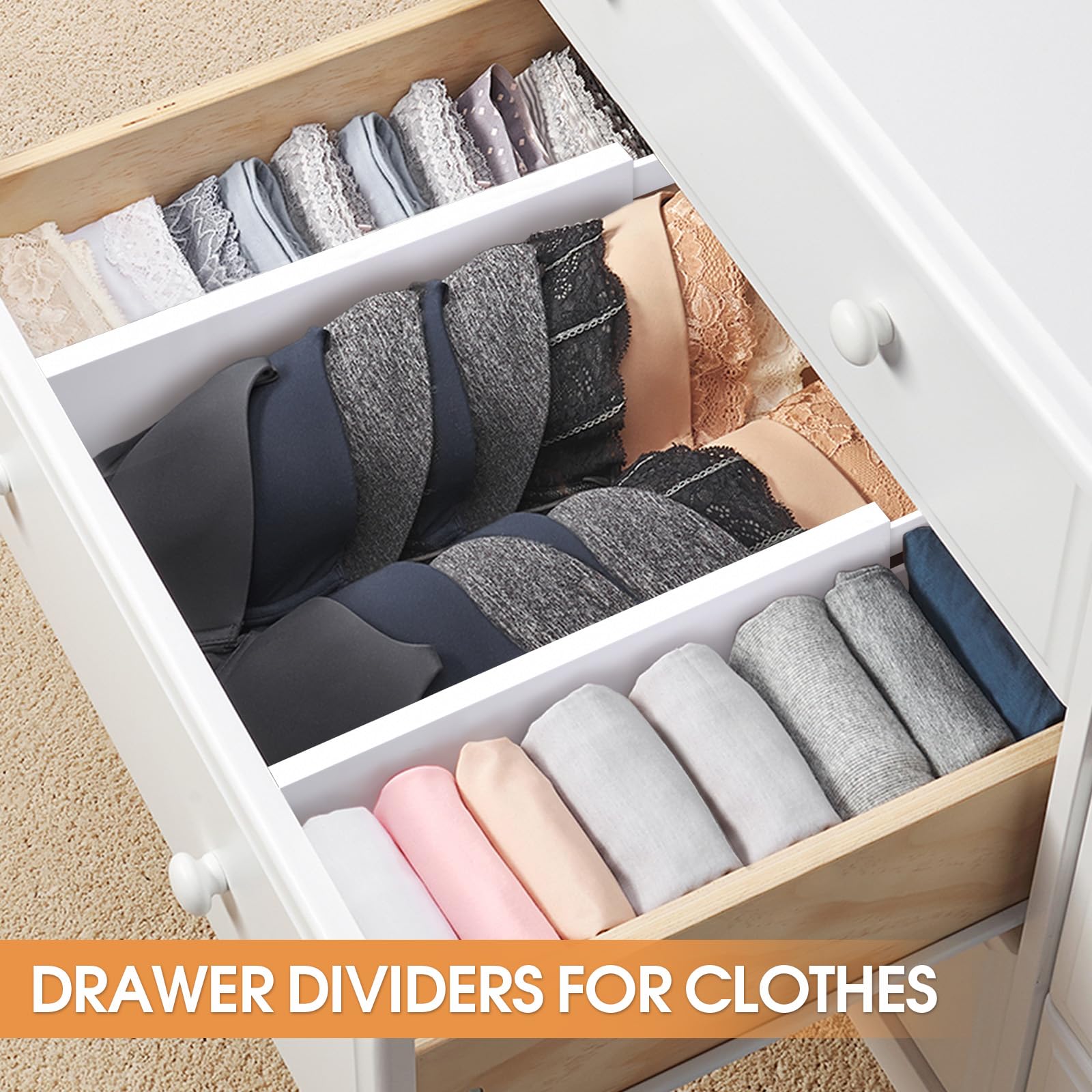 dresser drawer dividers UUDULY Bamboo Adjustable Drawer Organizer for Kitchen Bedroom Bathroom Office Clothes White 4 pack fits drawers 12 to 17 SCH004929_WR Standing at 4 in Pants:34 Cocktail chic. Do we Nursery dresser