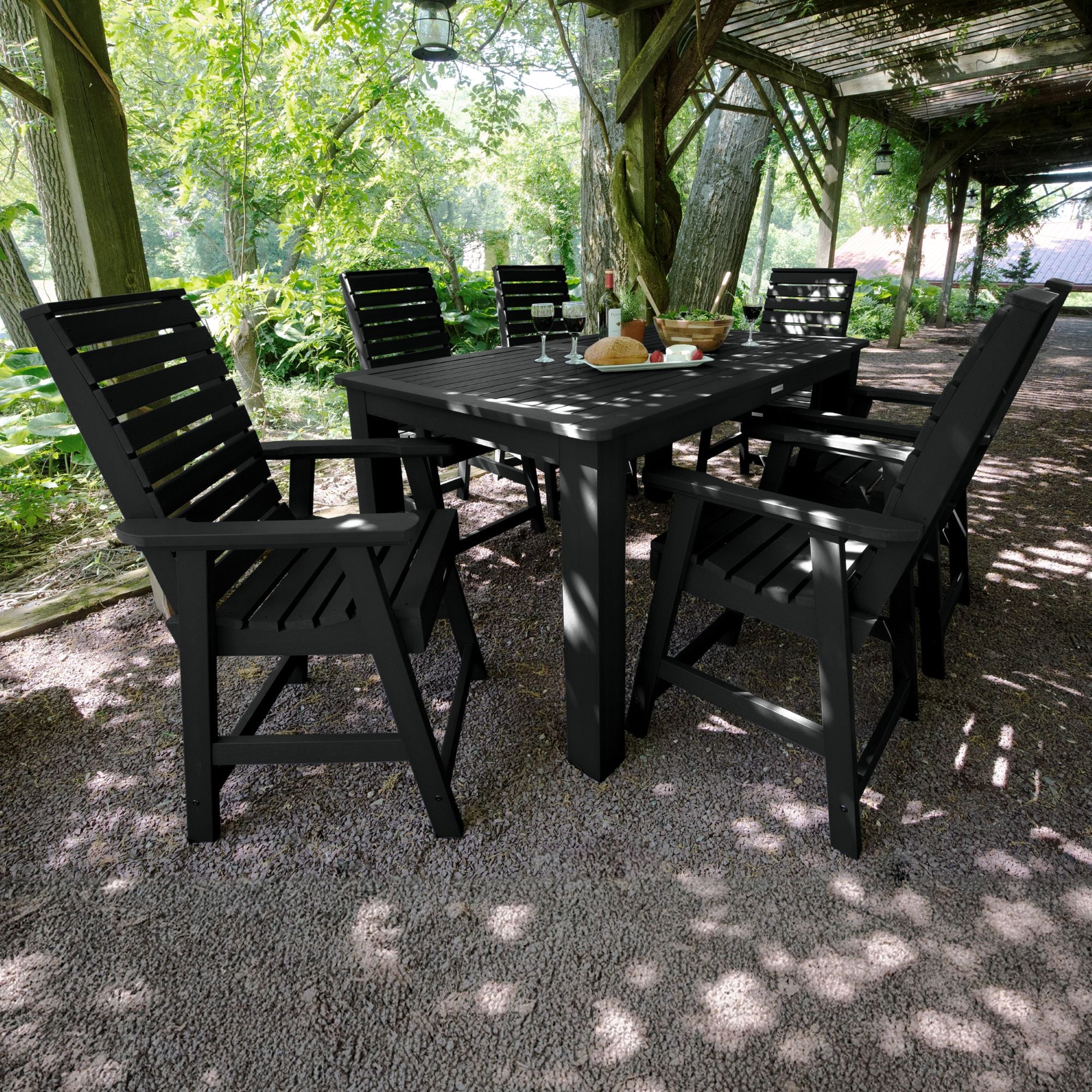 highwood AD-ST7WL2CO4BA-BKE The Weatherly 7 -Piece Black Patio Dining Set Plastic Rectangle Table with 6 Stationary Chairs