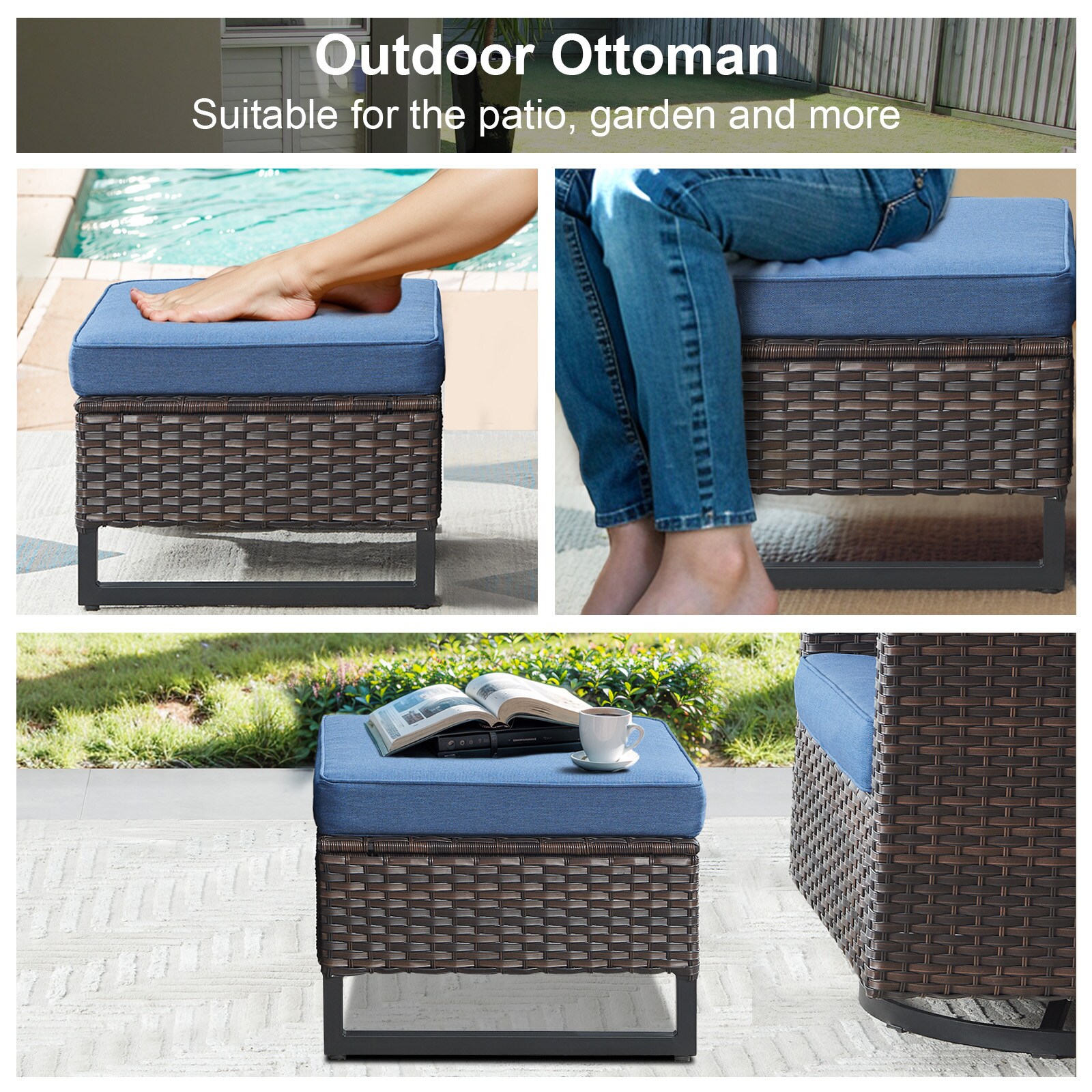 Blue Cushioned Wicker Outdoor Ottomans with Metal Frame, Set of 2