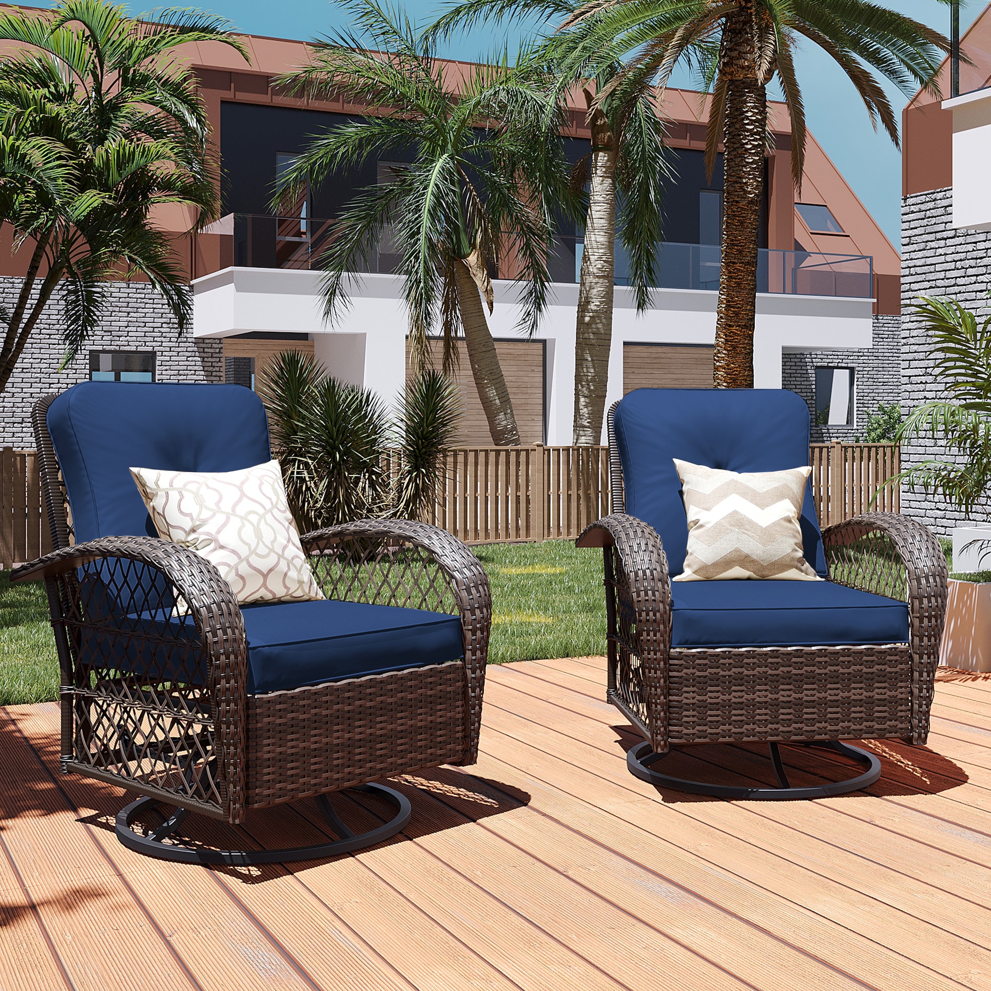 Patio Watcher LHY-B-NABLUE Rocking Chair 2 -Piece Rattan Patio Conversation Set with Navy Cushions
