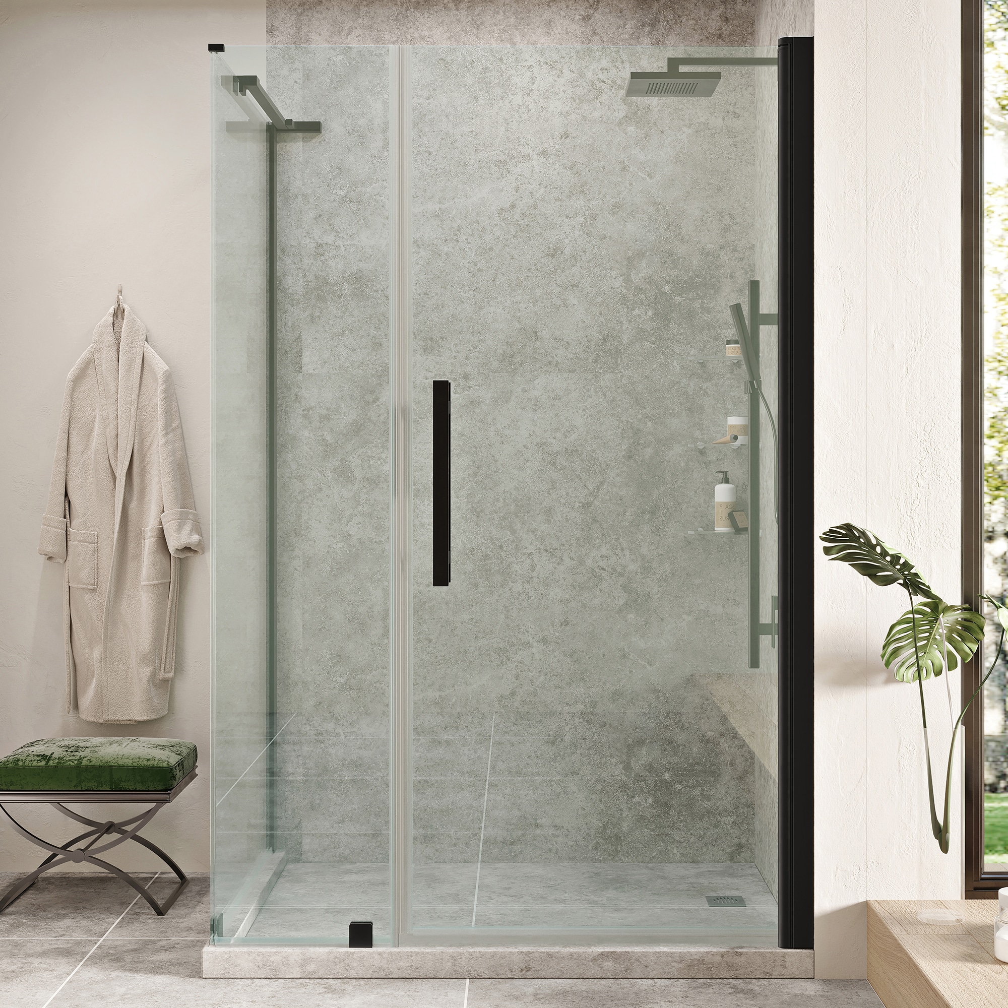 OVE Decors 828796085076 Pasadena Matte black 41-3/4-in to 42-1/2-in W x 72-Inches H Frameless Pivot Shower door 5/16-in Thick Clear Glass