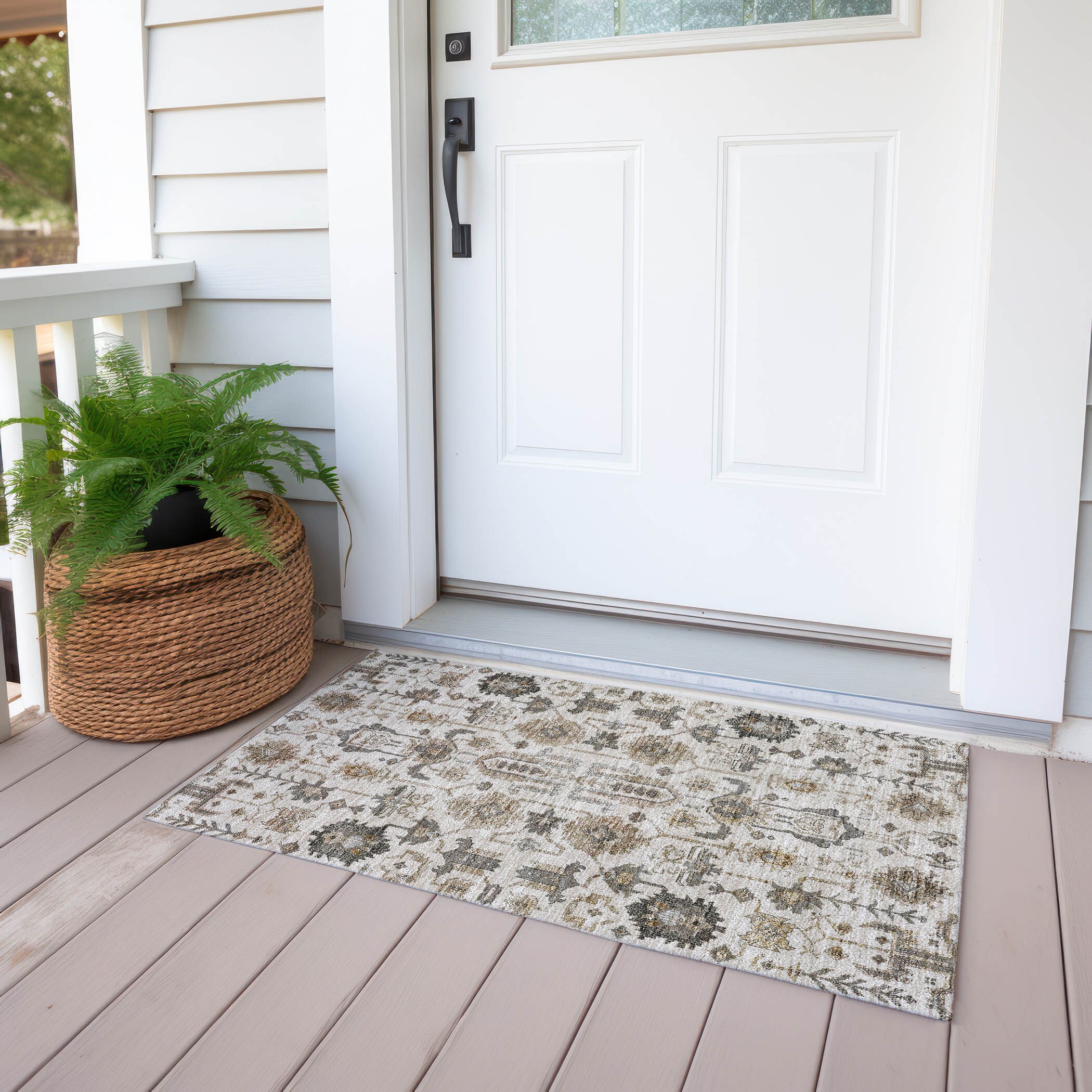 Ivory and Gray Synthetic Flat Woven Indoor/Outdoor Rug