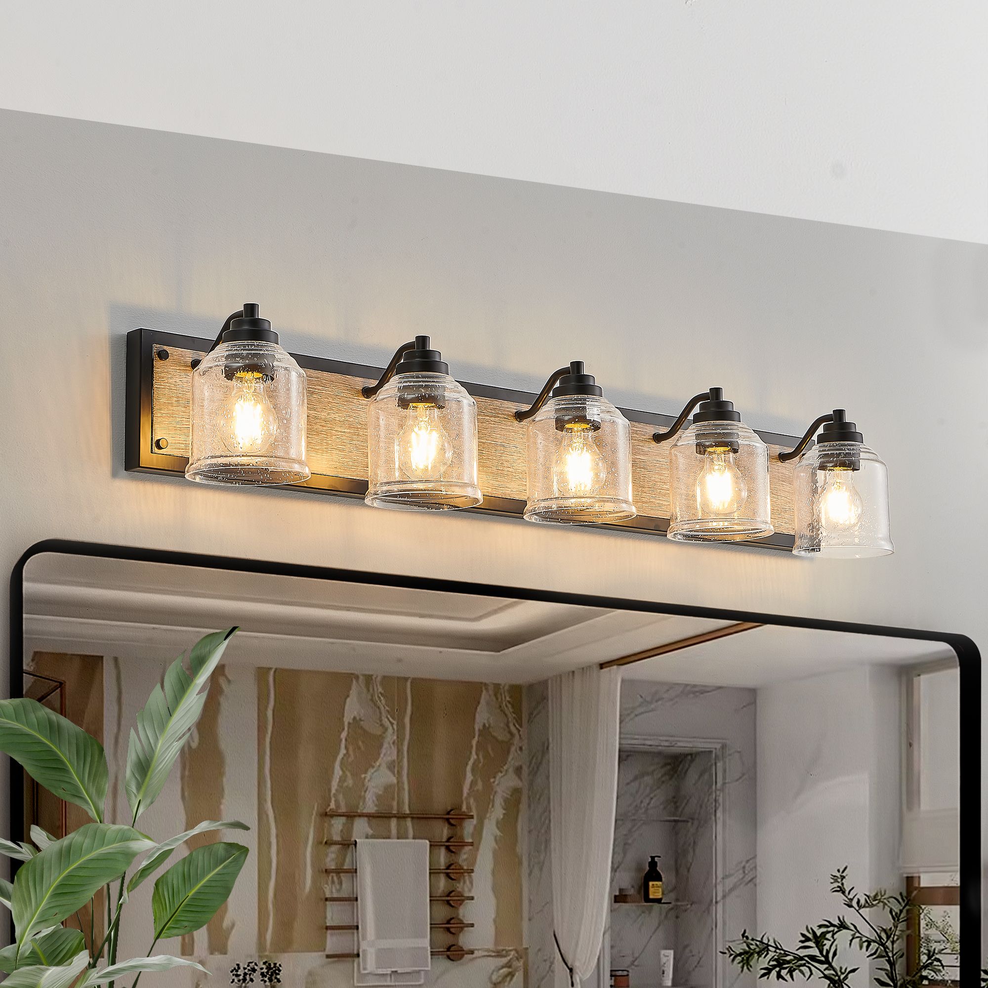 HomLux 23 Inch Farmhouse 5 Light Bathroom Vanity Light Black and Wood Grain Wall Sconce with Clear Seeded Glass Shades for Powder Room Mirror