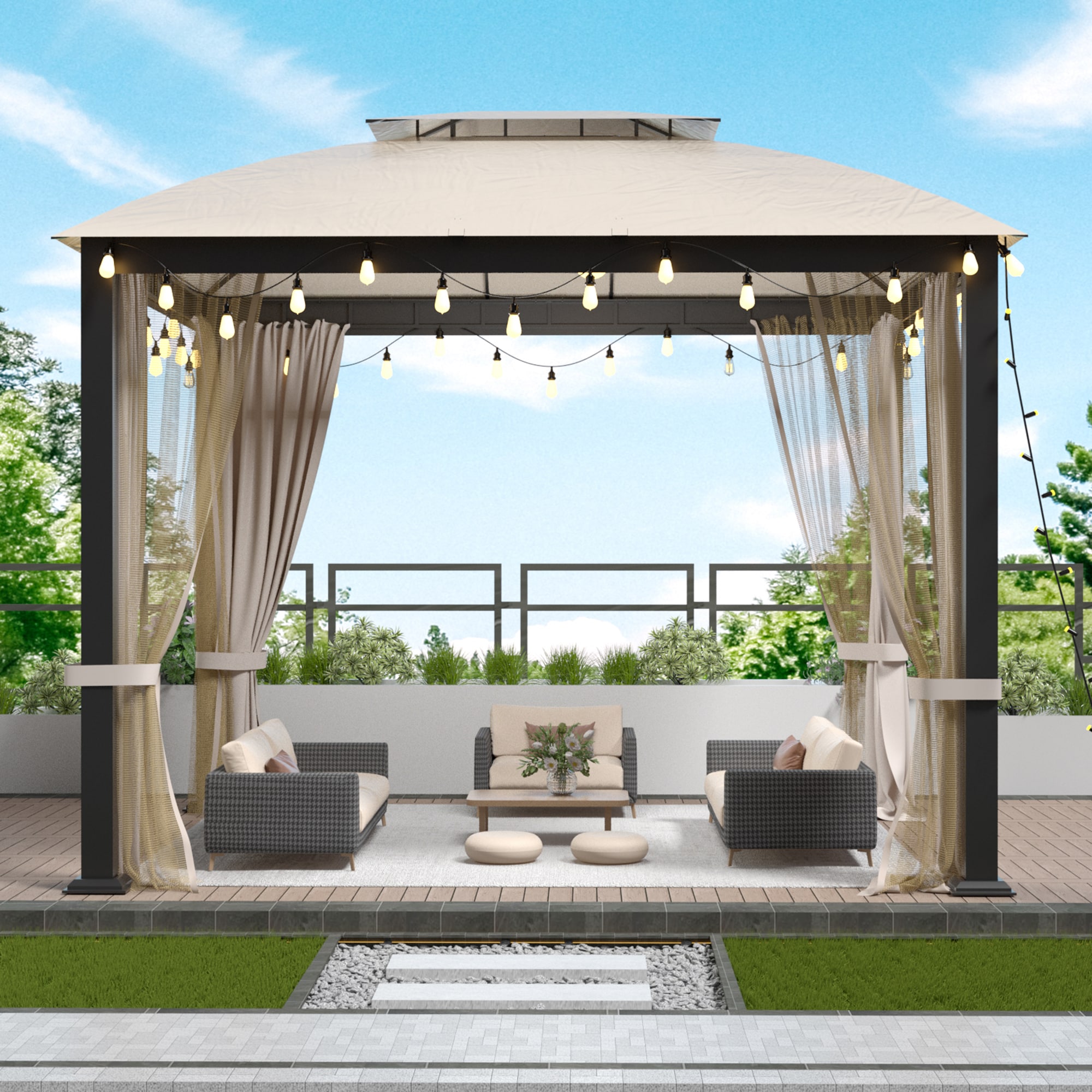 SINOFURN SYA990033GY 10-ft x 10-ft Beige Gazebo with Soft Top Roof (Screen Included)