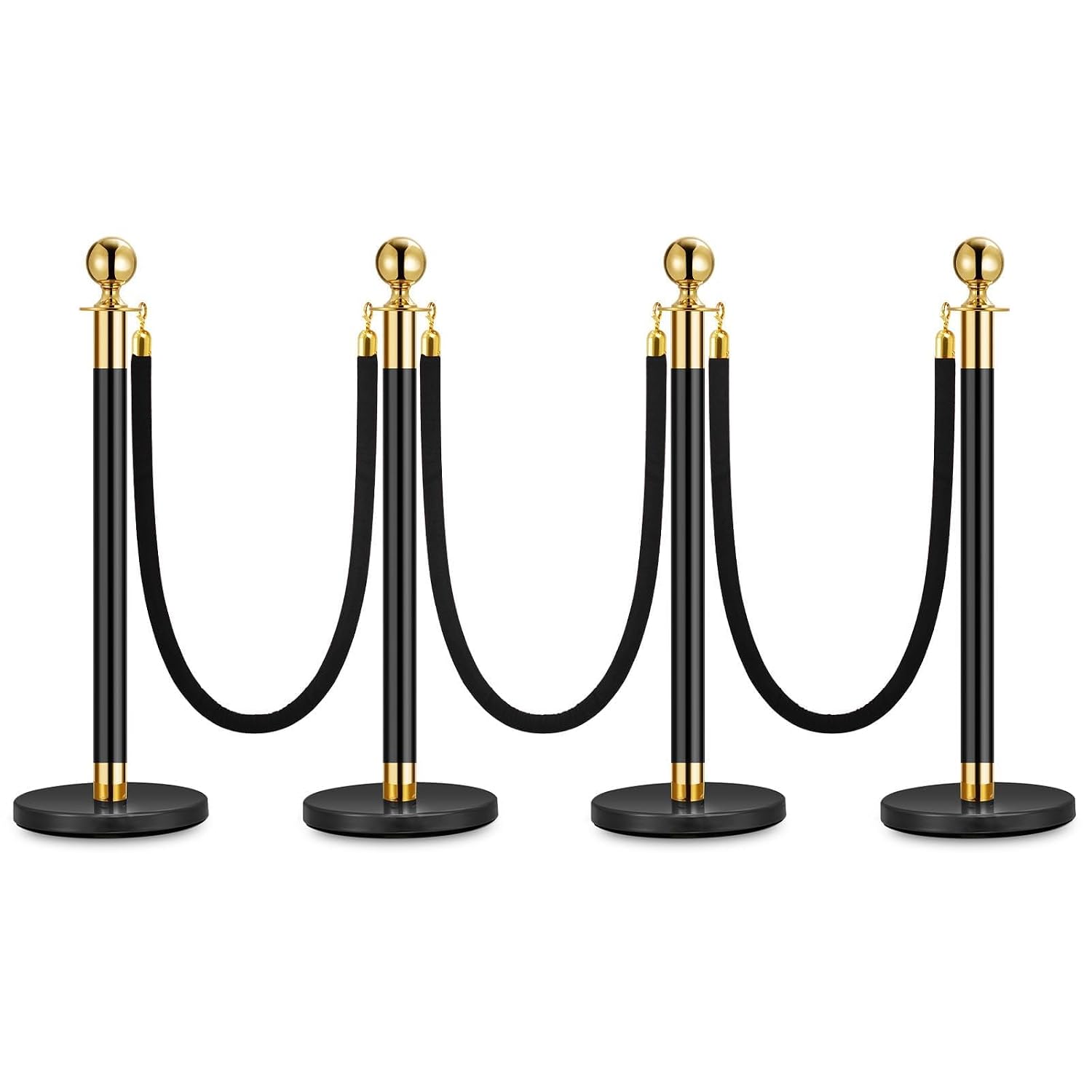 GAOMON - 4 Pack Black Gold Finished Steel Crowd Control Stanchions with 3 Pieces 5FT Black Velvet...