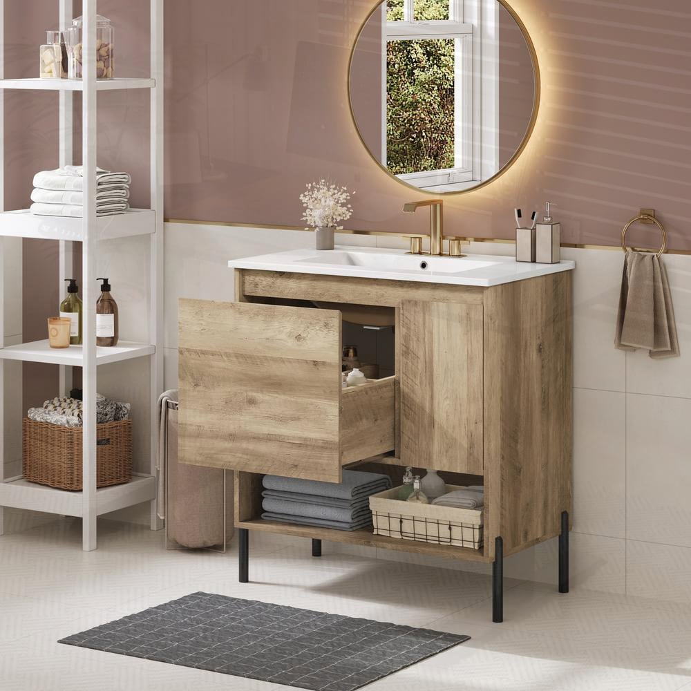 SunJet 30 Inch Modern Bathroom Vanity with Ceramic Sink Wood Cabinet Single Door Drawer Open Shelf and Metal Legs