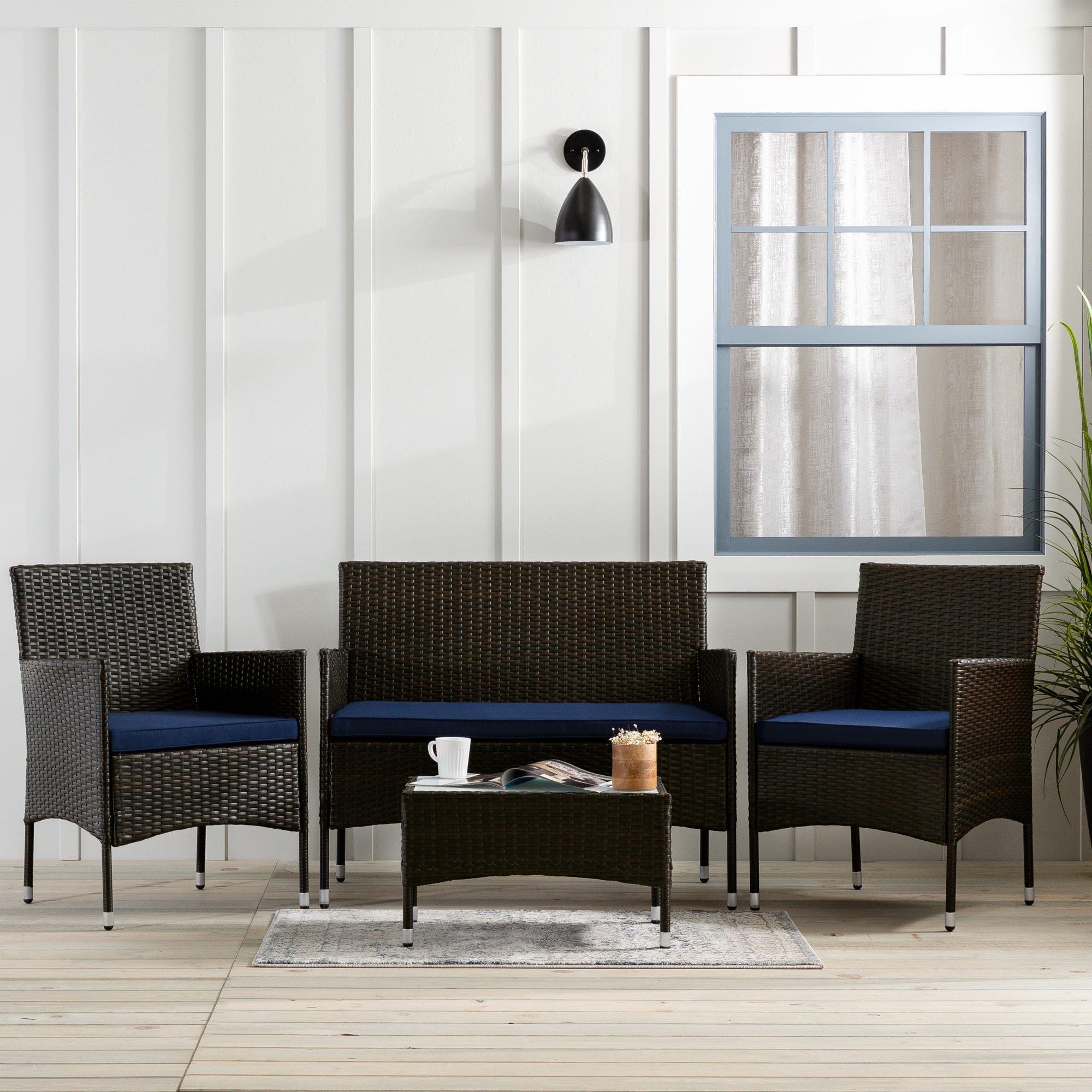 Brookside BS0001OCS04NB Iris 4 -Piece Rattan Patio Conversation Set with Blue Cushions