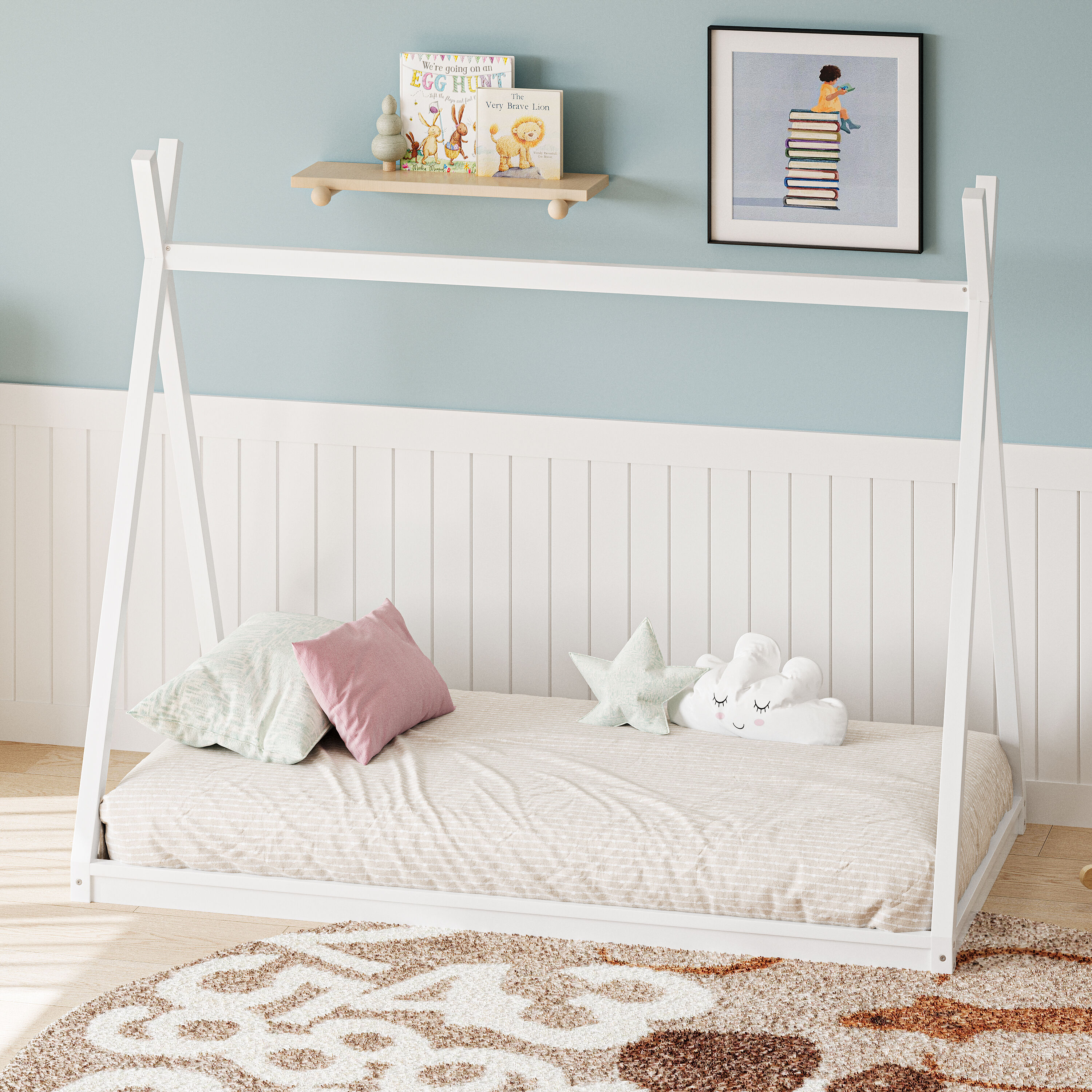 GDFStudio Tent Bed Twin Size Kids House Frame Montessori Low Floor-White