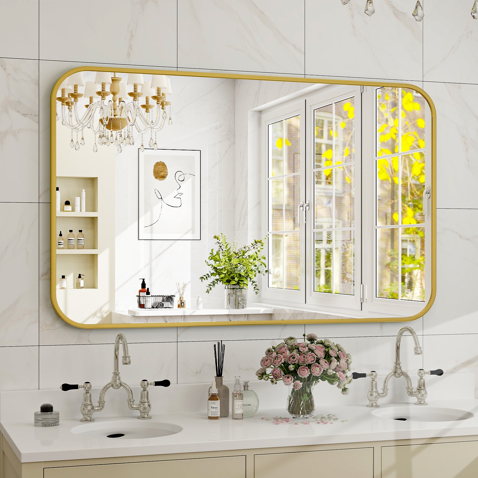 BEAUTYPEAK RE3048G 30-in W x 48.0-in H Rectangle Gold Framed Wall Mirror