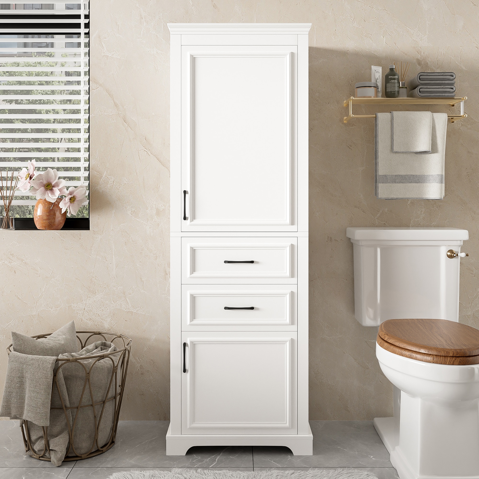 ModernLuxe L3P-N729P335588K 71inch tall freestanding bathroom vanity with dampinghinge doors and drawers featuring a modern elegant design. Includes adjustable shelves a fixed shelf and spacesaving storage.