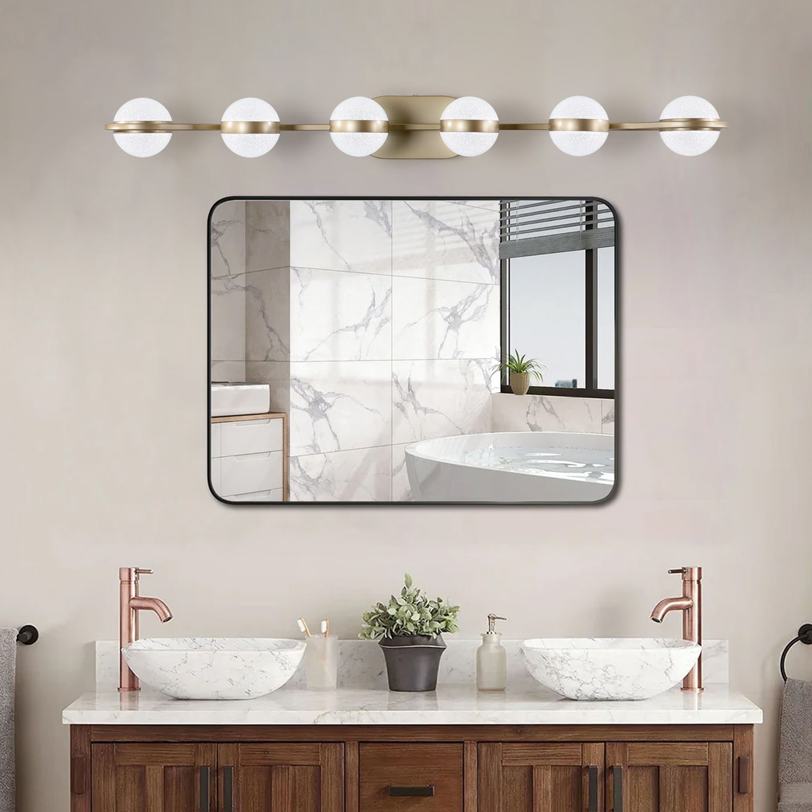 Cuschoice  43.3-in 6 Light Golden Modern LED Vanity Light with Acrylic Shades Wall Sconce for Bathroom