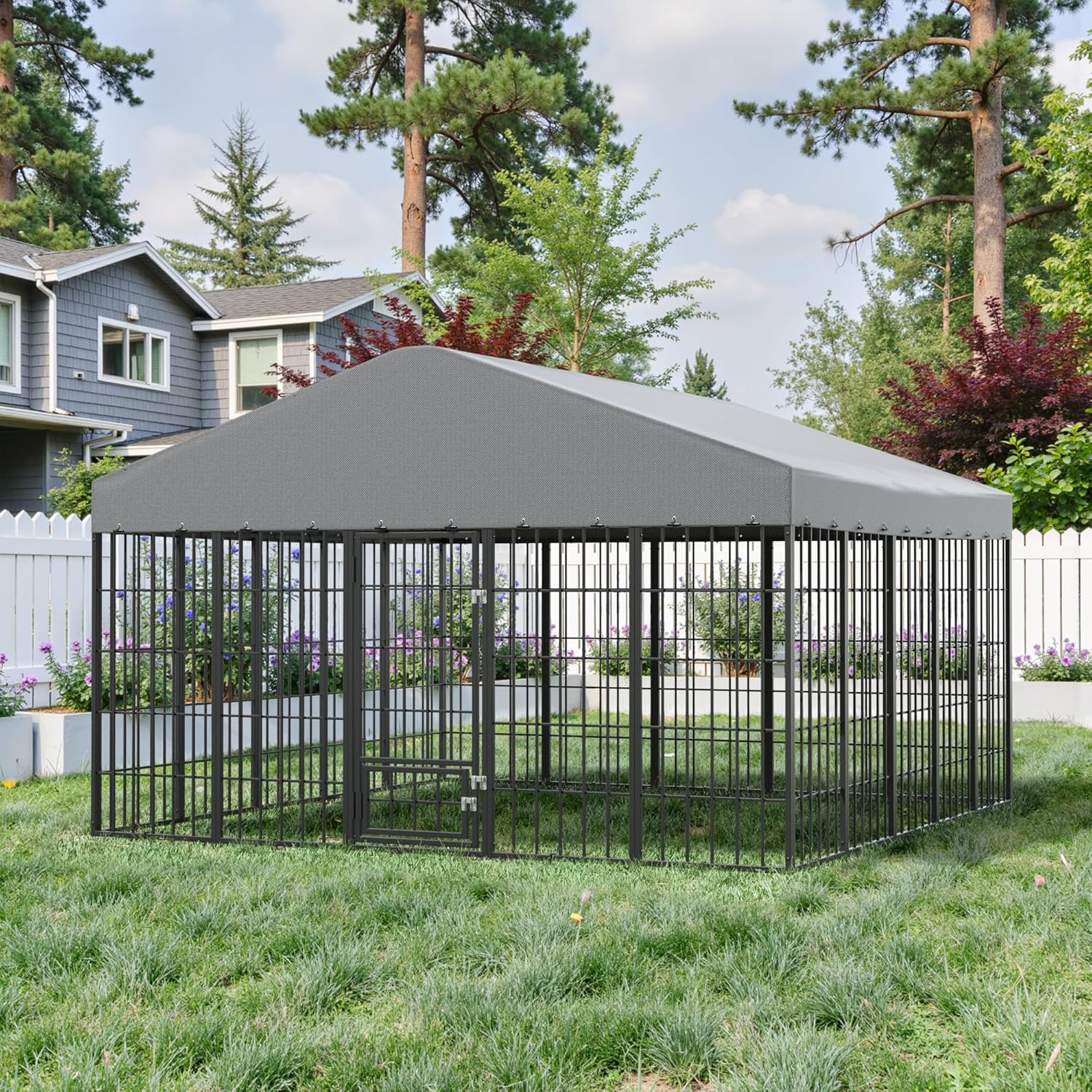 Haxvin 10x10 ft Heavy Duty Outdoor Dog Kennel Fully Covered Roof Waterproof UV Resistant Cover Feeder Door Anti Rust Large Dog Fence