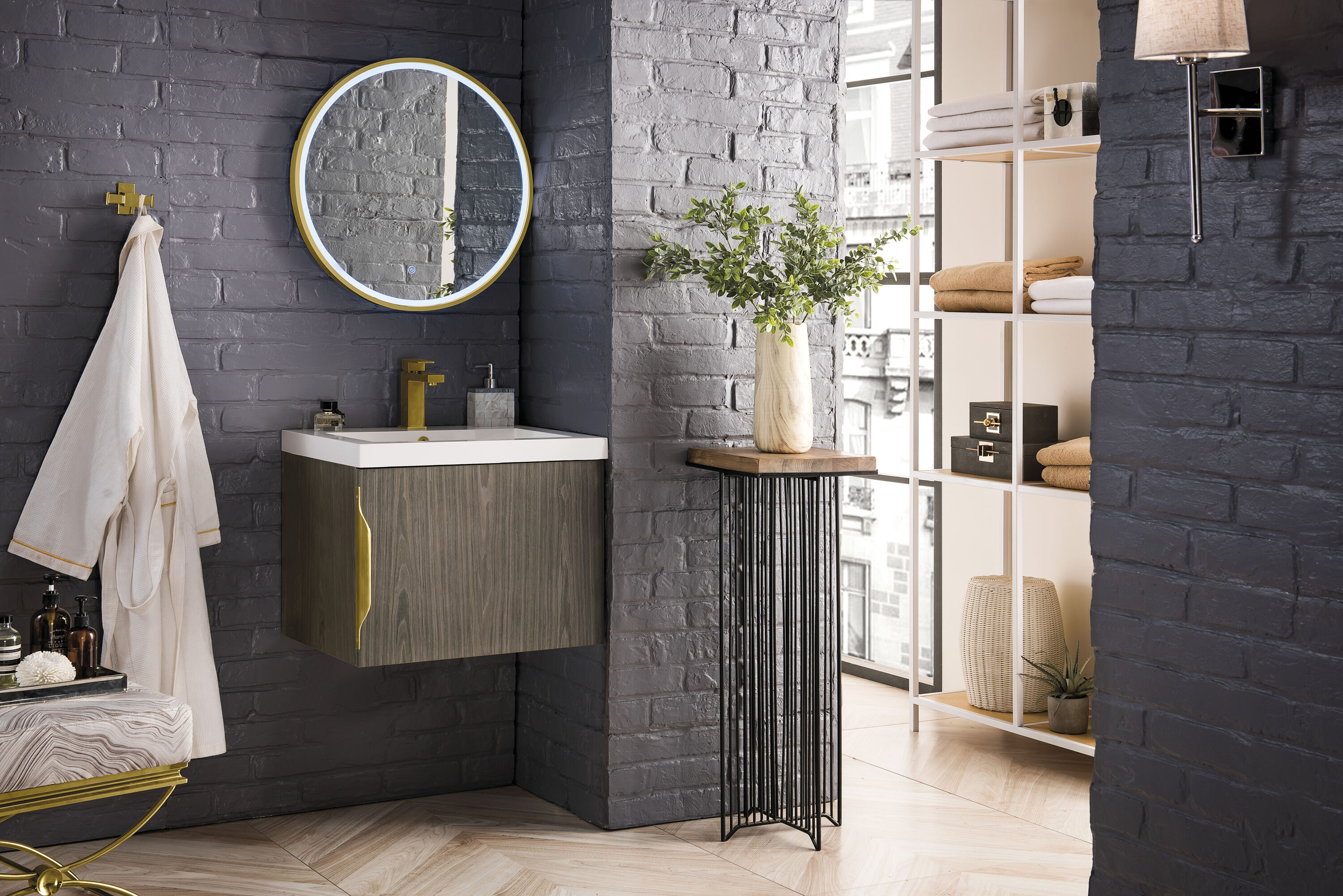 Ash Gray Engineered Wood Wall-Mount Vanity with Mineral Composite Top