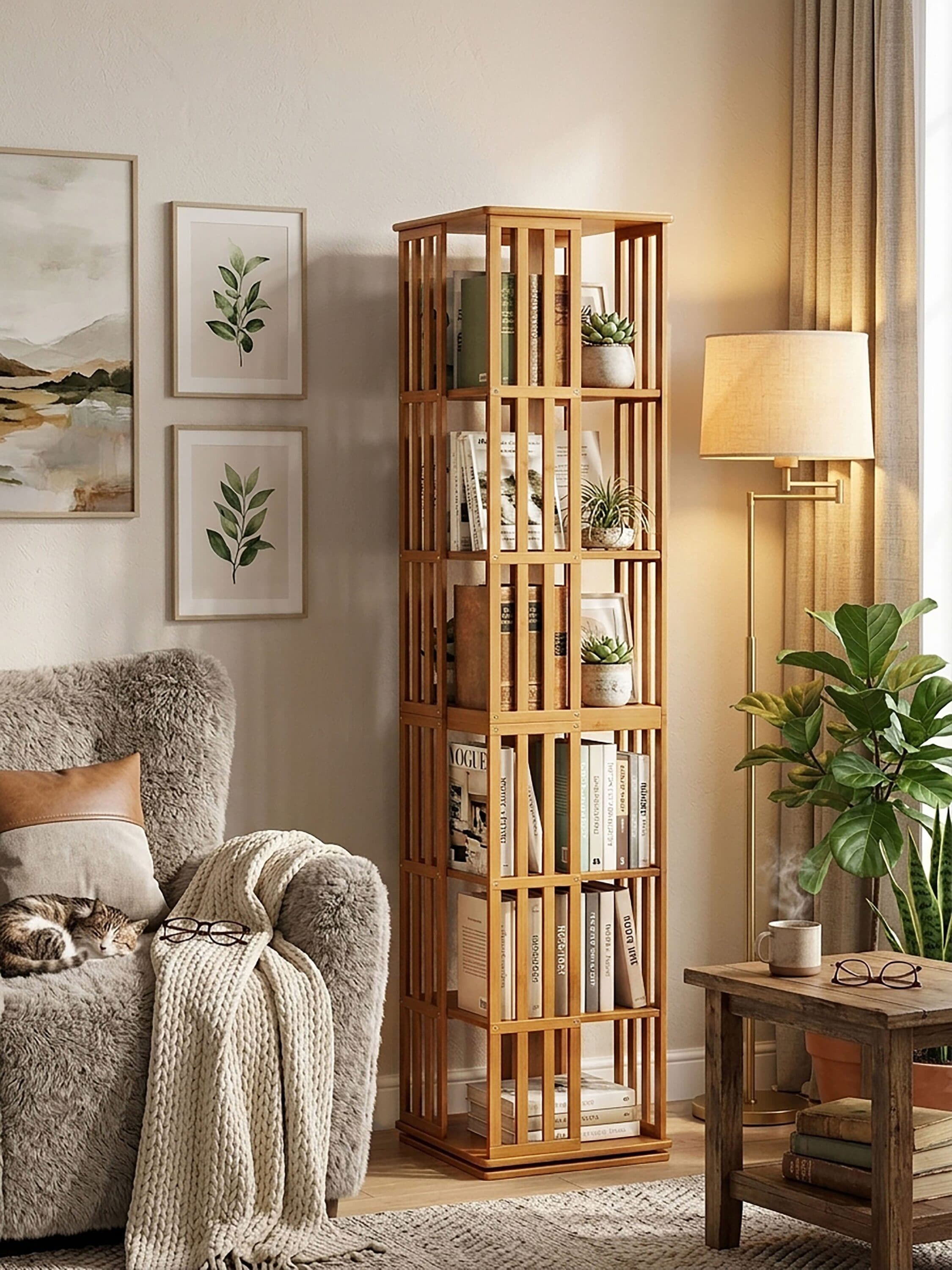JUSHUA - Rotating Bookshelf Tower 360 Degree Display Spinning Bookcase 6 Tier Bamboo Bookshelf Fl...