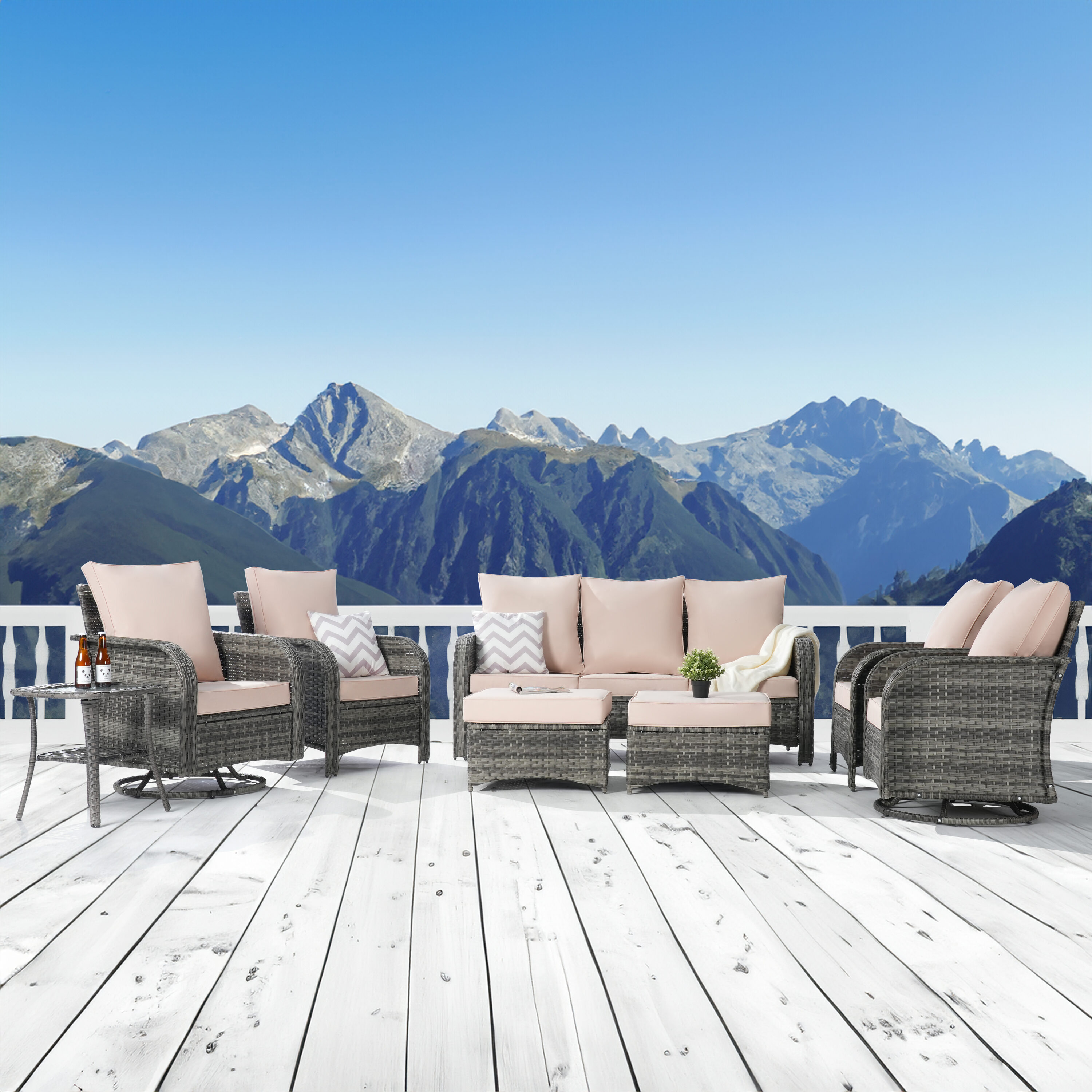 SANSTAR L-WS801-SN-8V1 Patio Conversation Set 8 -Piece Wicker Patio Sofa Conversation Set with Beige Cushions