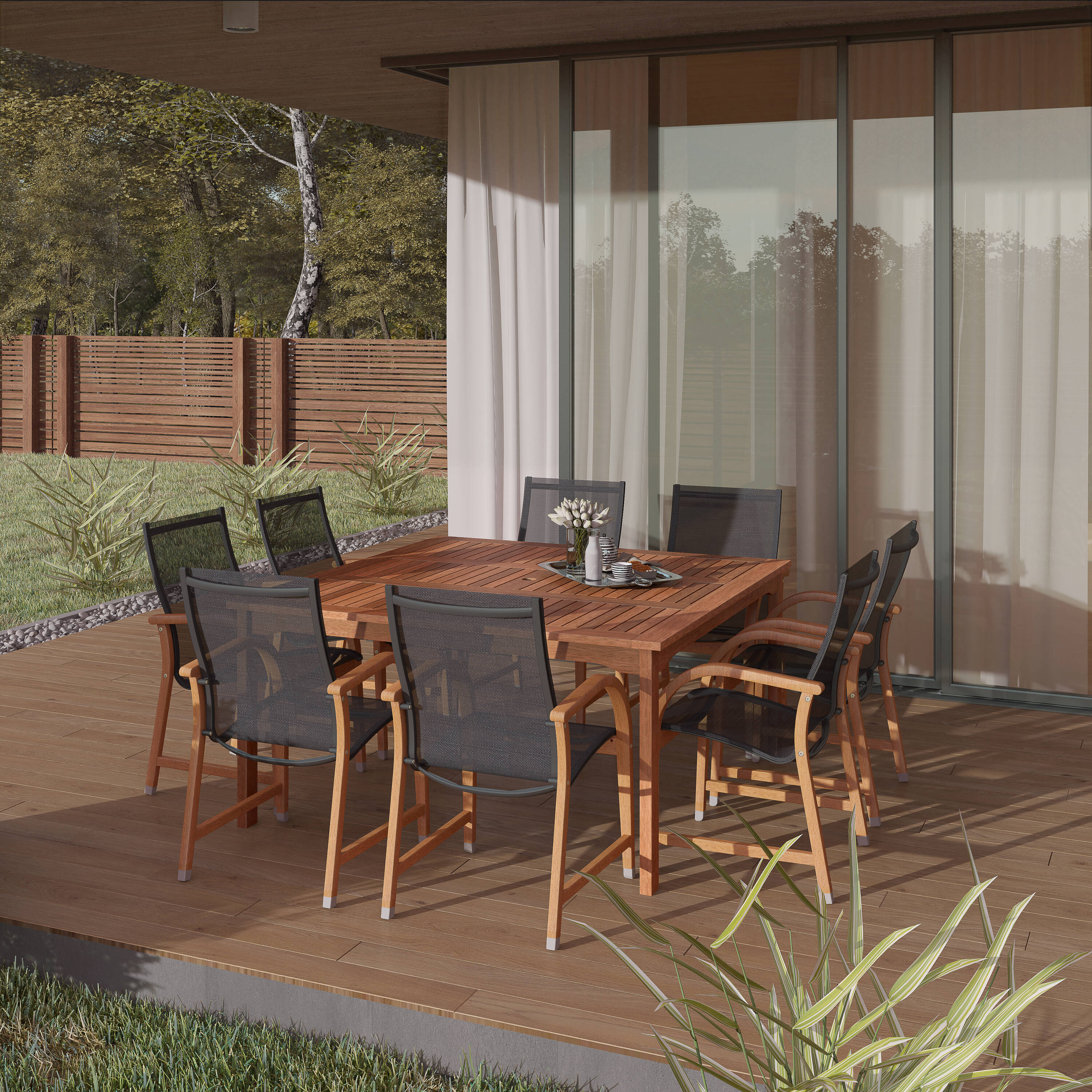 Amazonia LW426-8MANBK 9 -Piece Brown Patio Dining Set Wood Square Table with 8 Stationary Chairs Fire Pit Included