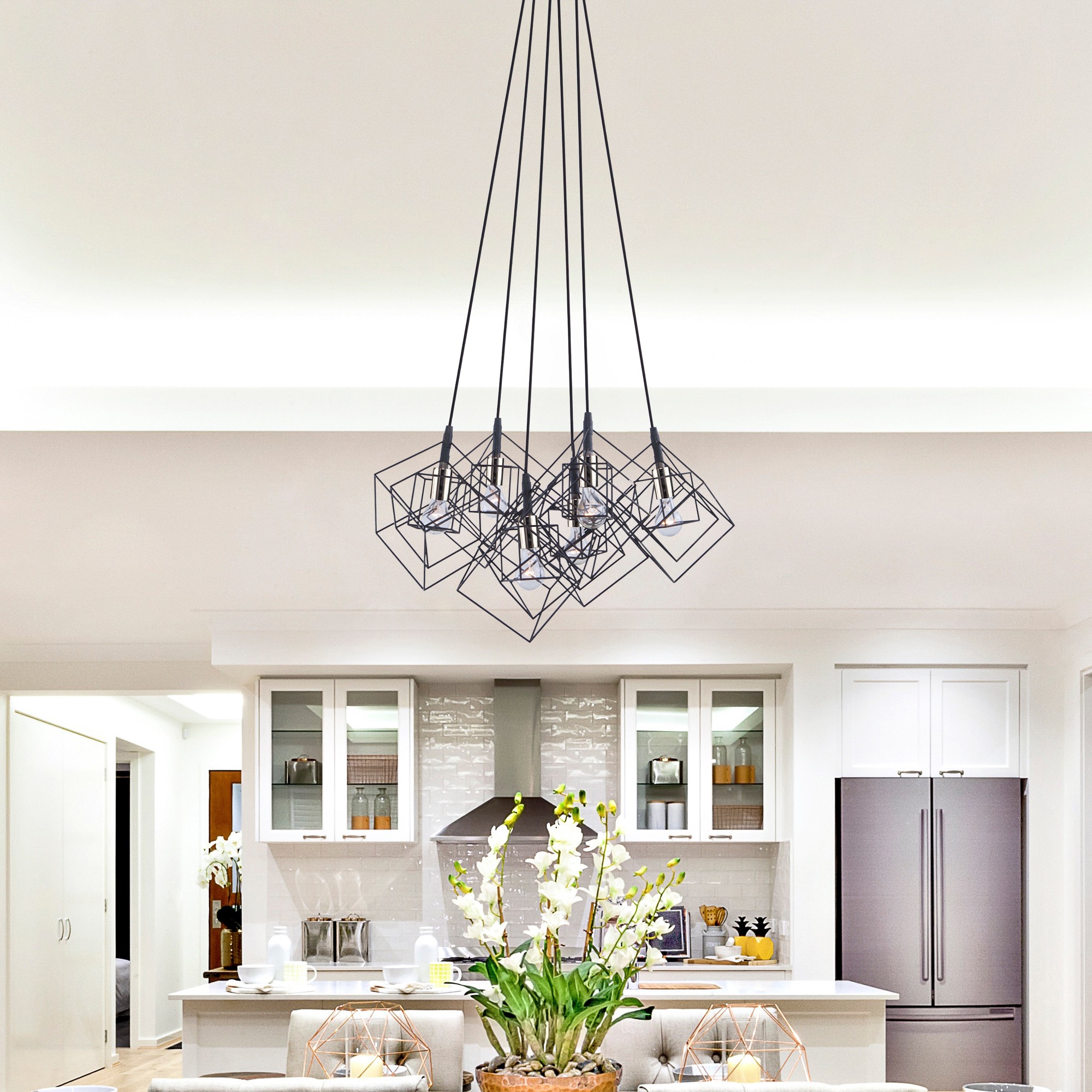 Matte Black and Polished Nickel Geometric 6-Light Chandelier