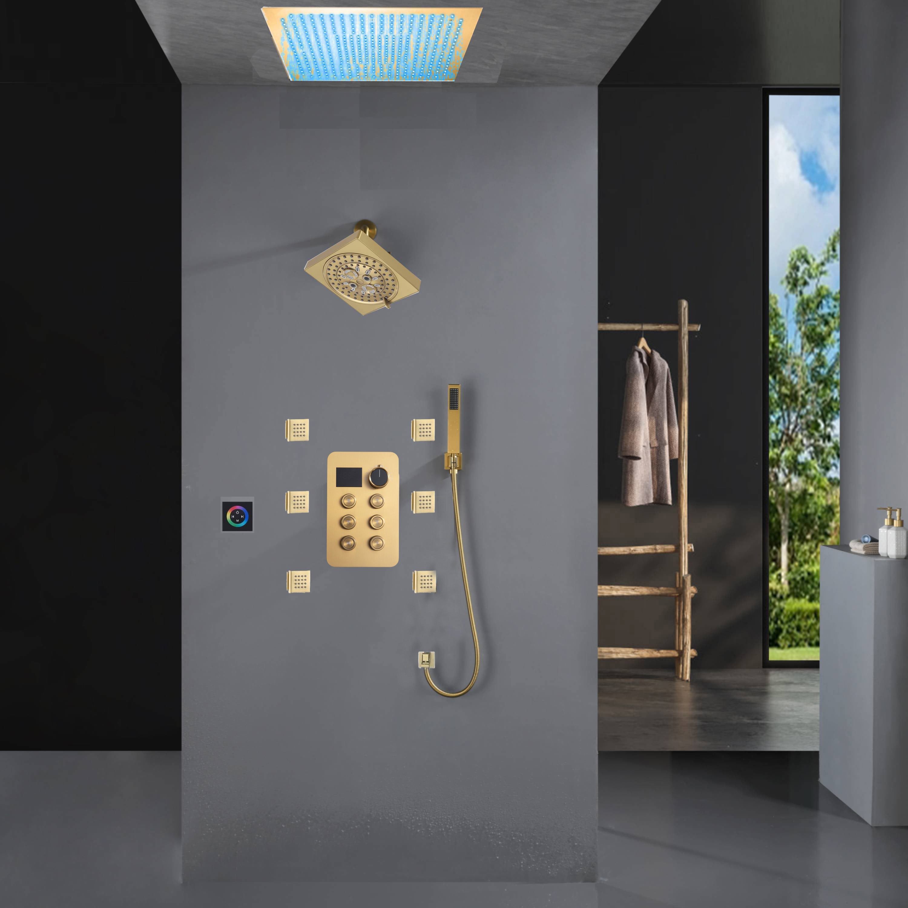 Wonderland America Brushed Gold Flush Mount 6 Way Thermostatic Shower System with 64 Color LED Lights and Bluetooth Music