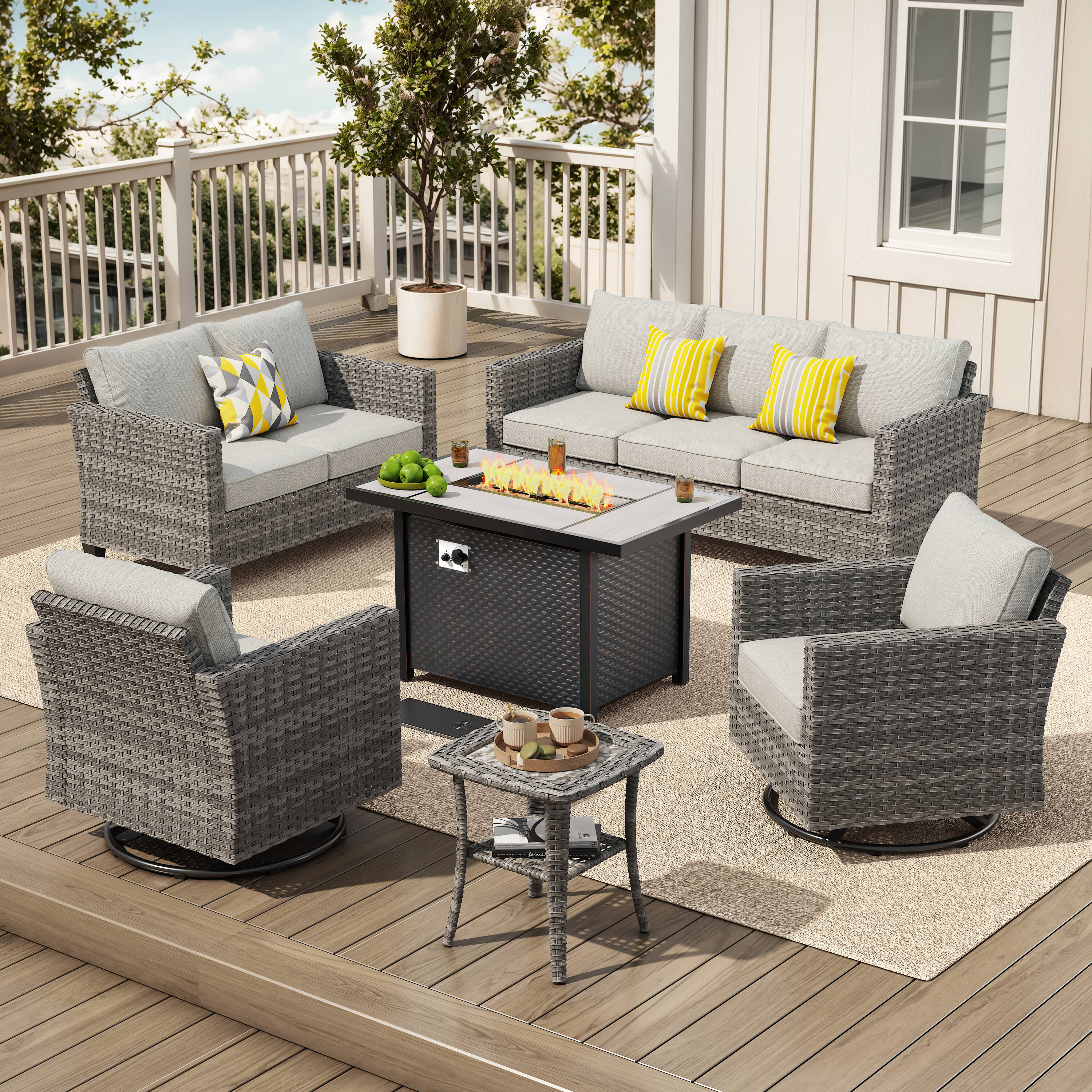 Pouuin SCFPYZG205 6 -Piece Wicker Patio Sofa Conversation Set with Dark Gray Cushions