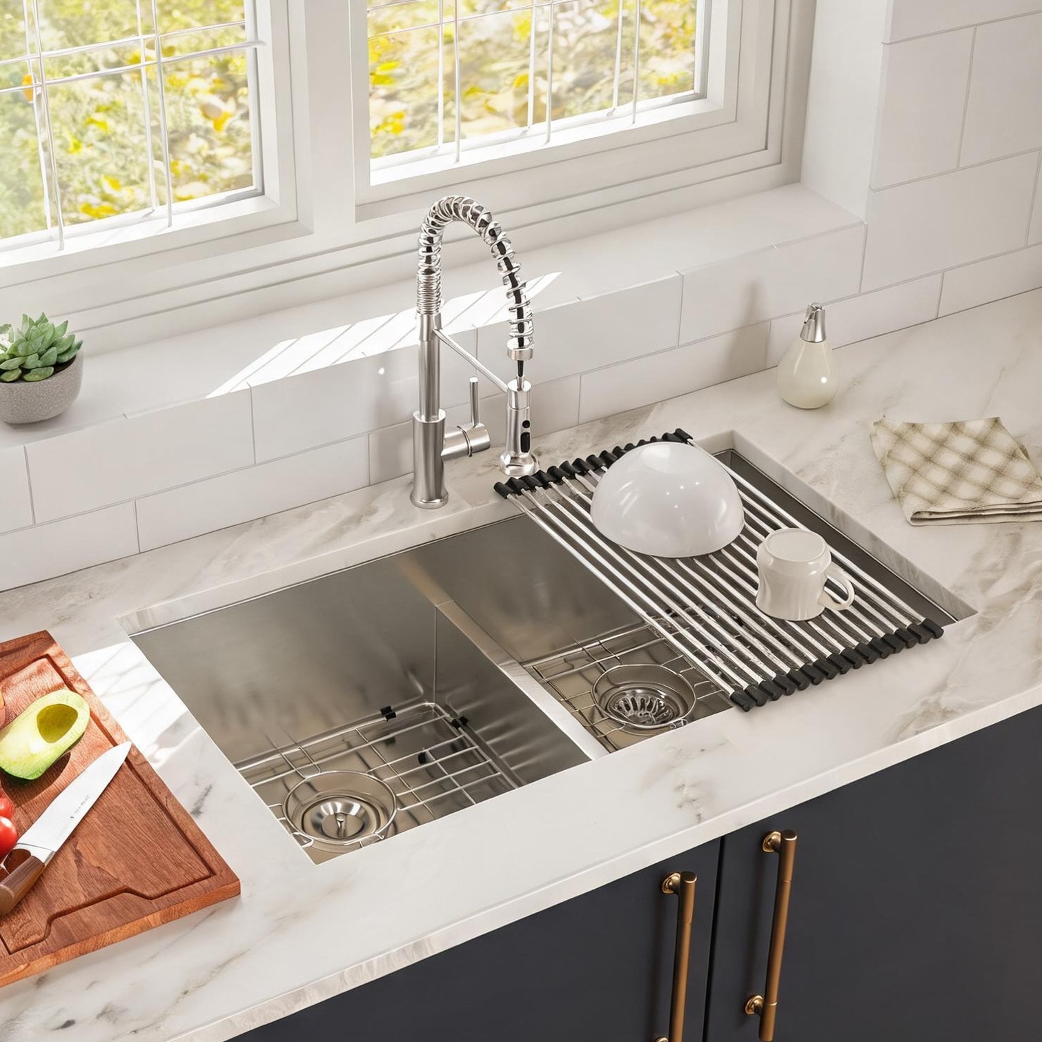 Naturefalls Undermount Double Bowl Kitchen Sink in 16 Gauge Stainless Steel with Low Divider 36 x 19 x 10 #HUEEYTYFVVNE