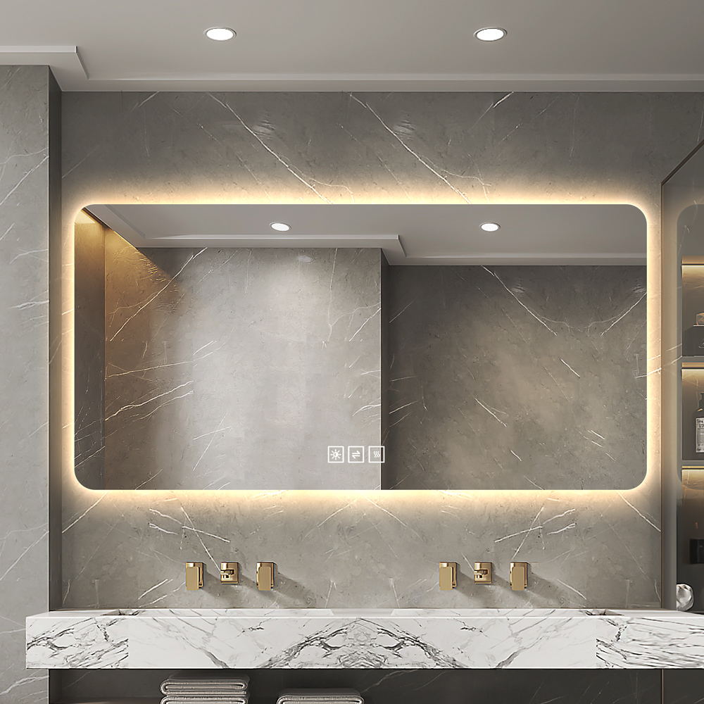 AAZJ HP-141745 LED bathroom mirror 48-in x 24-in Framed Frameless Rectangle Dimmable LED Lighted Fog Free Bathroom Vanity Mirror ( Silver )