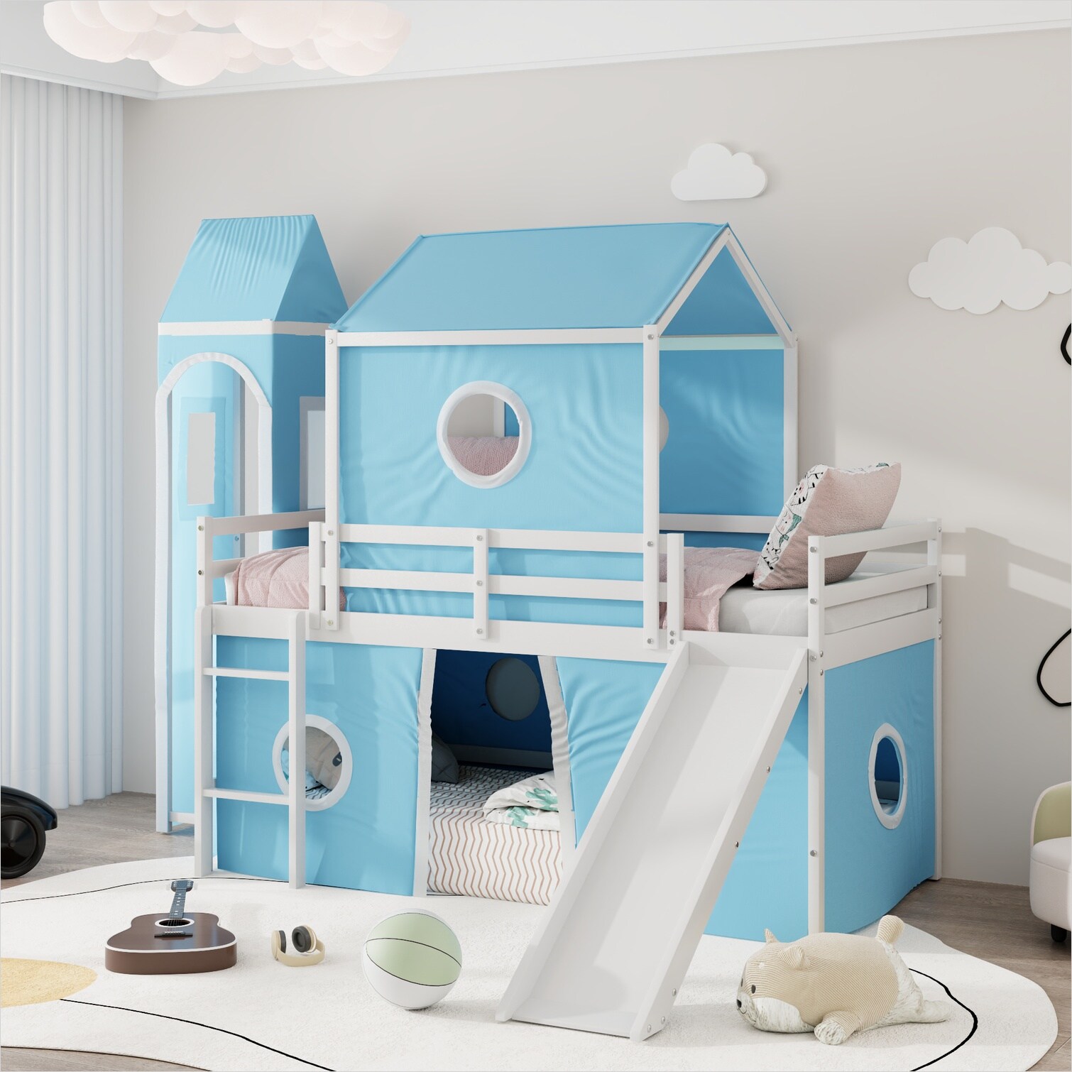 SunJet Twin Loft Bed with Slide and Blue-Toned Tent Solid Pine Wood and ...