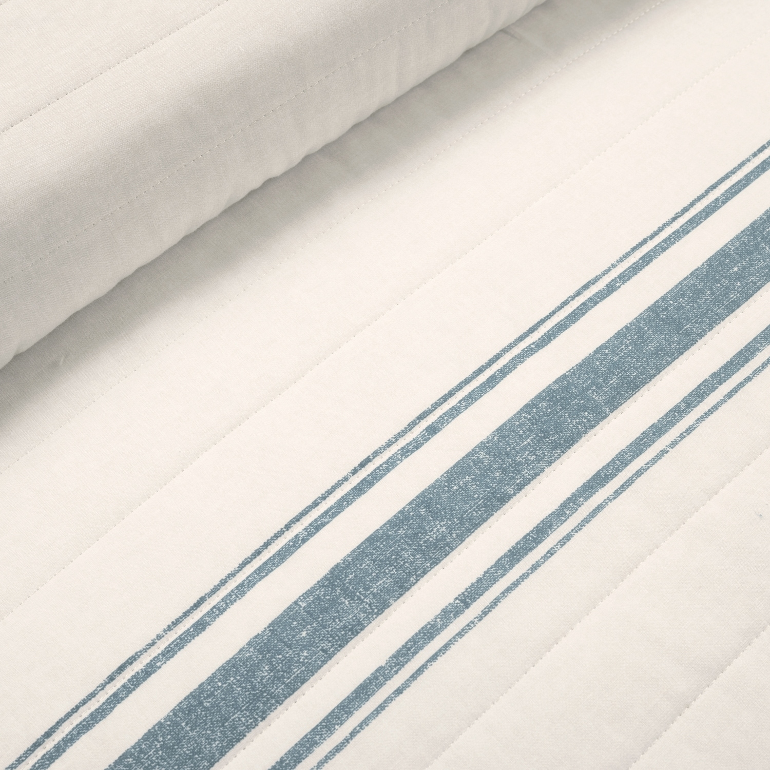 Blue and Off-White Striped Cotton Twin XL Reversible Quilt Set