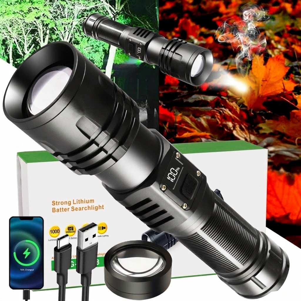 Justincity  Rechargeable LED Flashlight 10000 Lumens 5 Modes Zoomable with Ignition Lens USB C Fast Charge Waterproof 1 Piece for Outdoor Camping