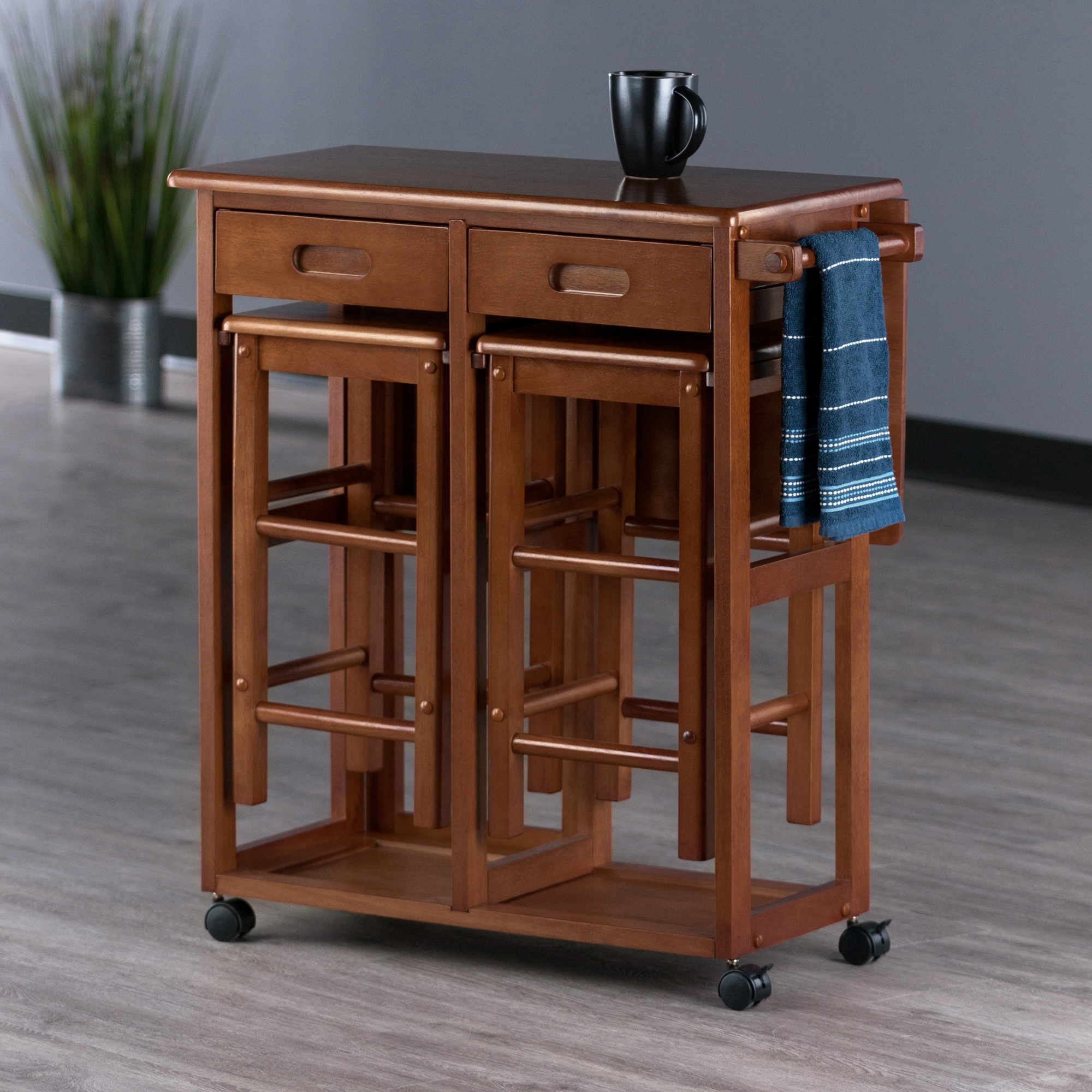 Teak 3-Piece Space Saver Drop Leaf Dining Set with Stools