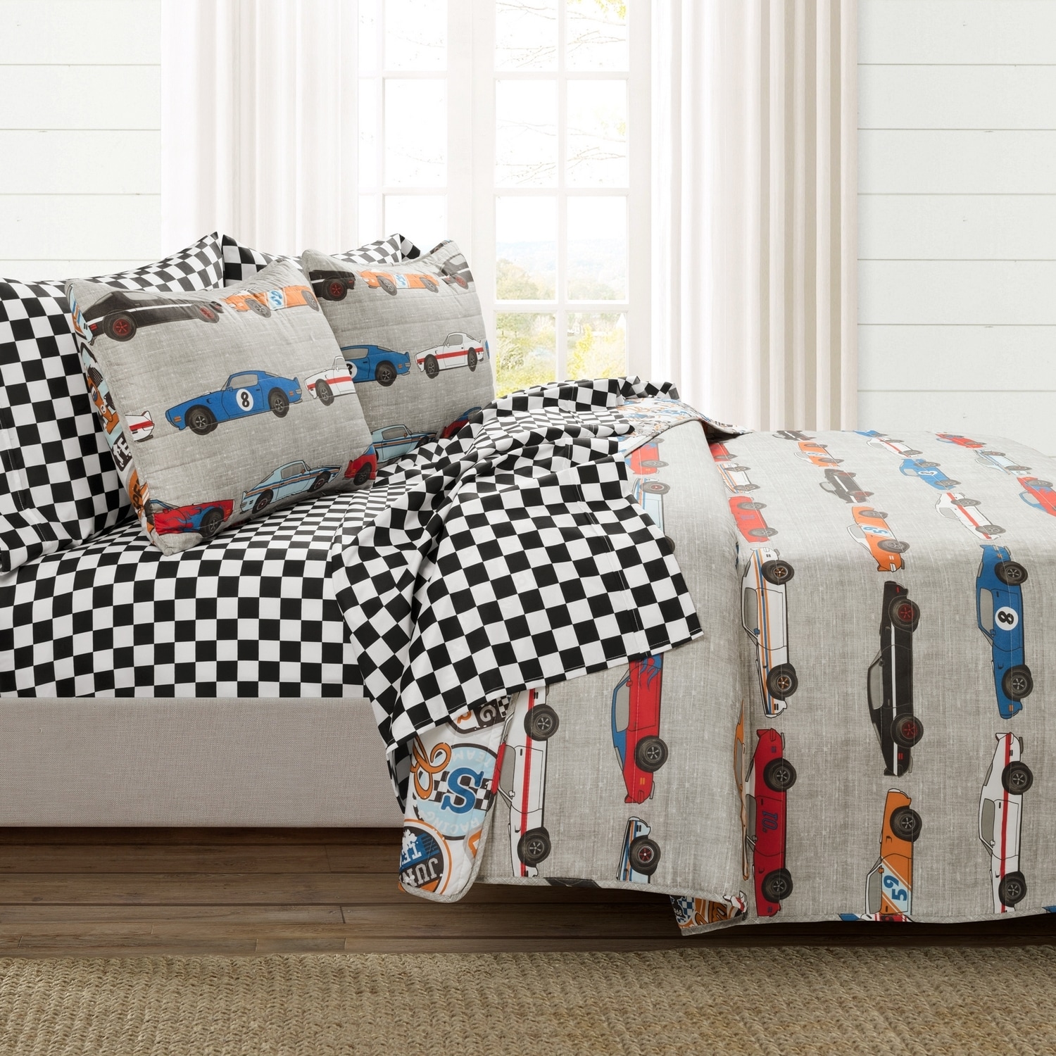 Blue and Orange Reversible Race Car Twin Quilt Set
