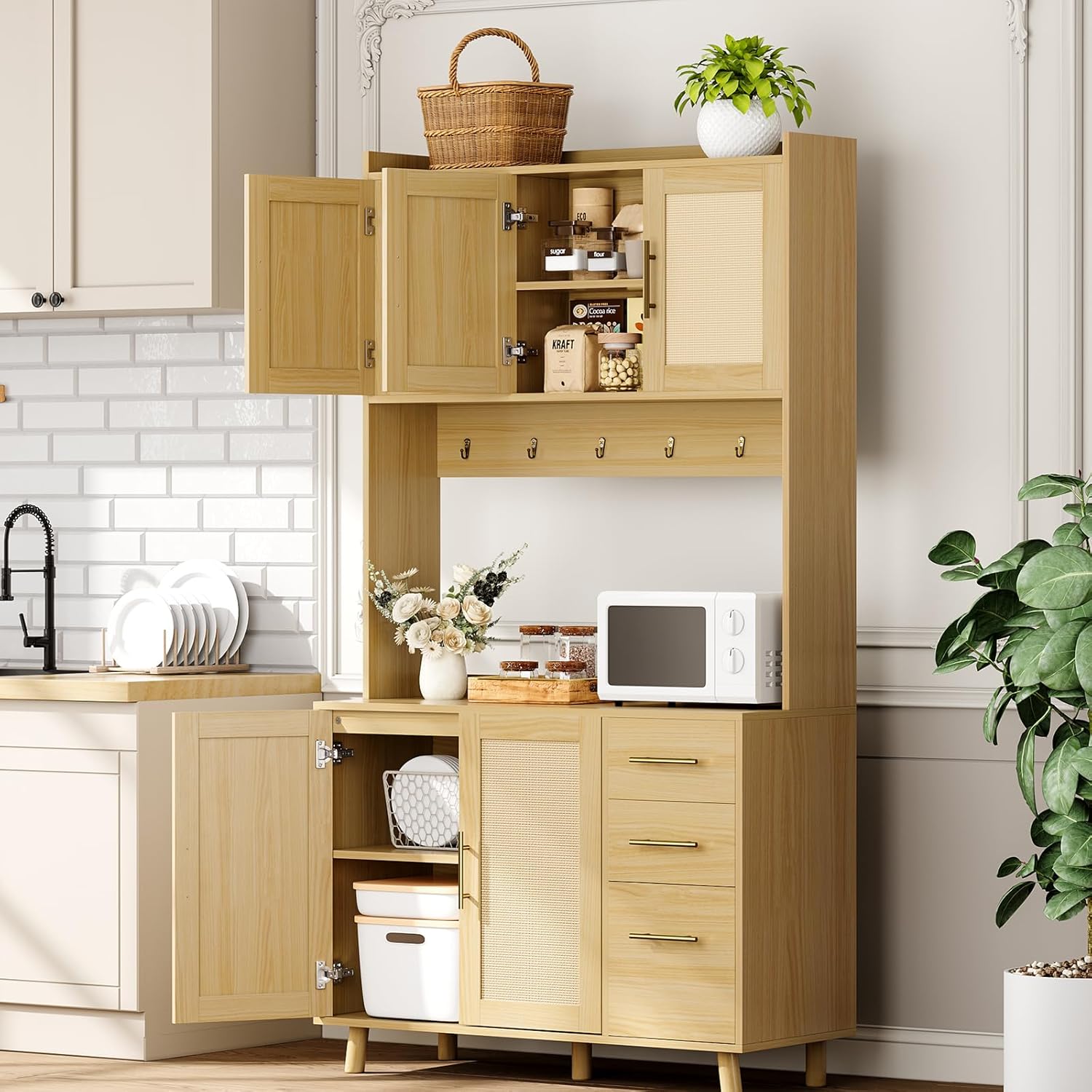 Der Rose 71Inch Rattan Pantry Cabinet with Microwave Stand Freestanding ...