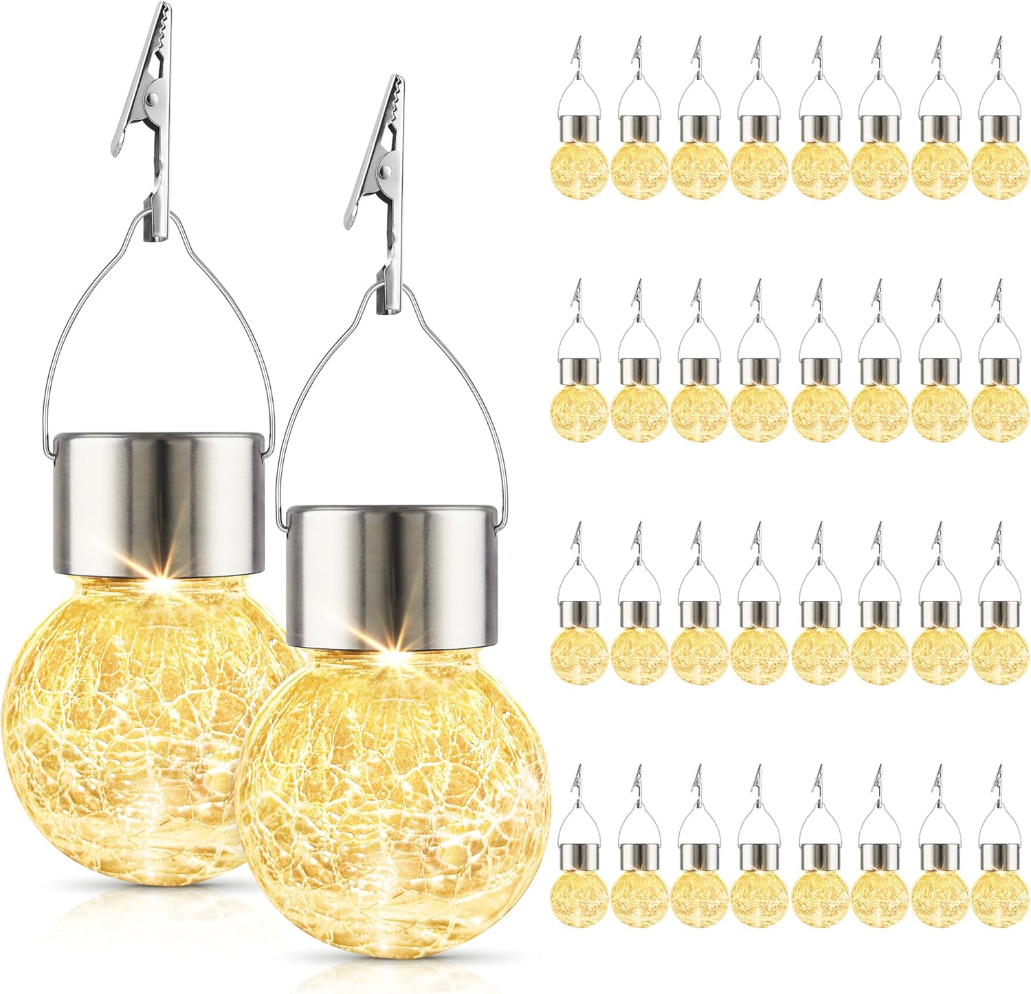 Cinoton Solar Lights Outdoor Decorative 32 Pack Hanging Solar Garden Lights Waterproof Solar Powered Globe Lantern Cracked Glass Ball Lights for Yard Patio Fence Tree Umbrella Holiday Decoration Warm White