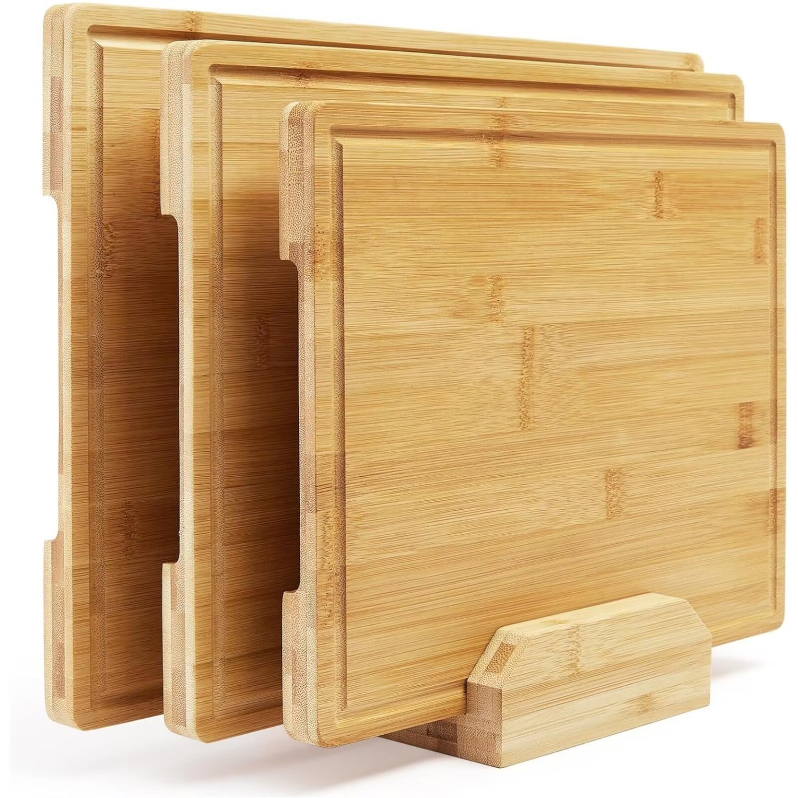 WhizMax JXNAG-PHO-34LGB9PY Bamboo Cutting Board Set of 3 Kitchen Cutting Board Set With Holder Chopping Board Set With Deep Juicy Groove and Back Inner Handles for Meat Vegetables and Fruit