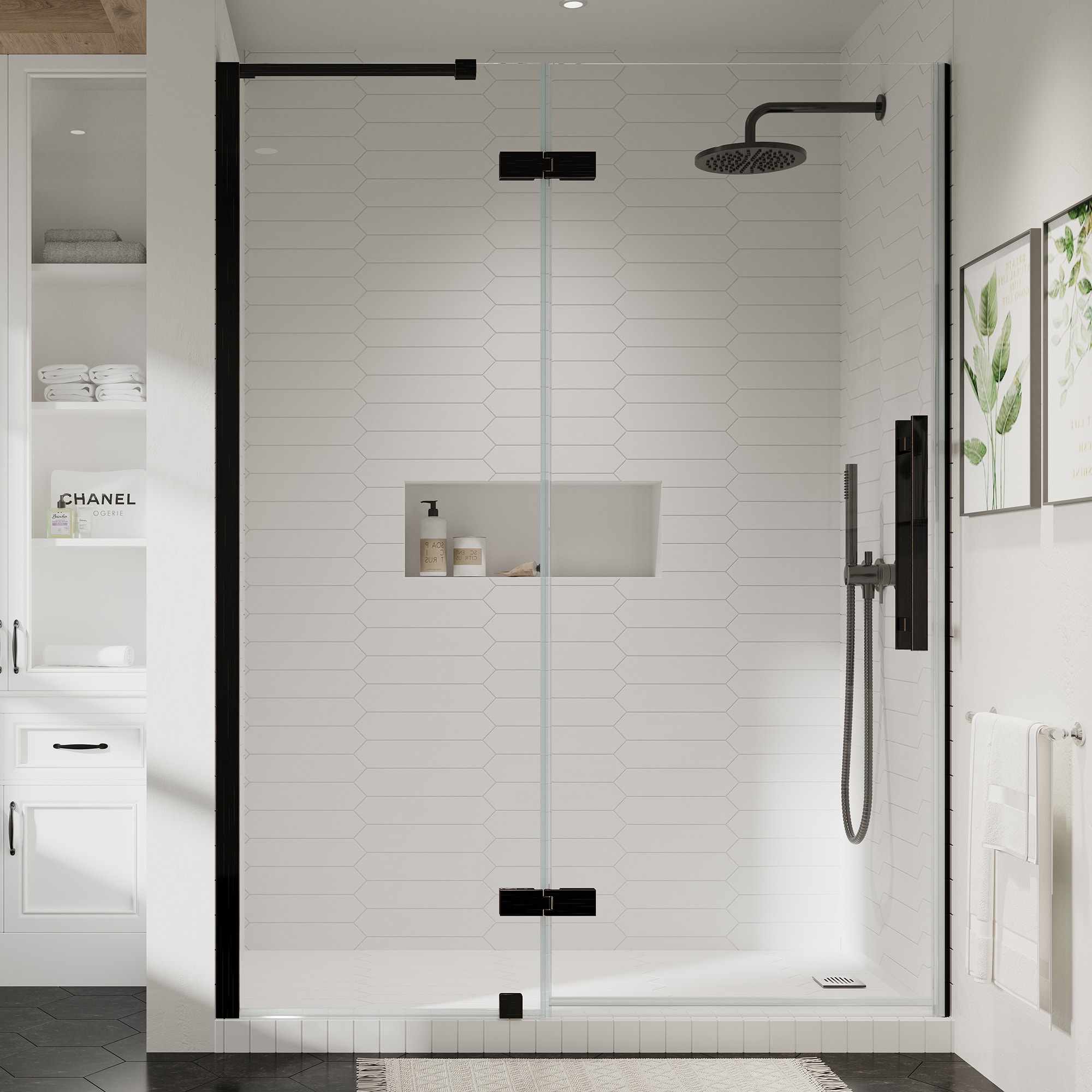 OVE Decors 828796054270 Tampa Oil-rubbed bronze 49-15/16-in to 51-11/16-in W x 72-Inches H Frameless Buttress Pivot Shower door 5/16-in Thick Clear Glass