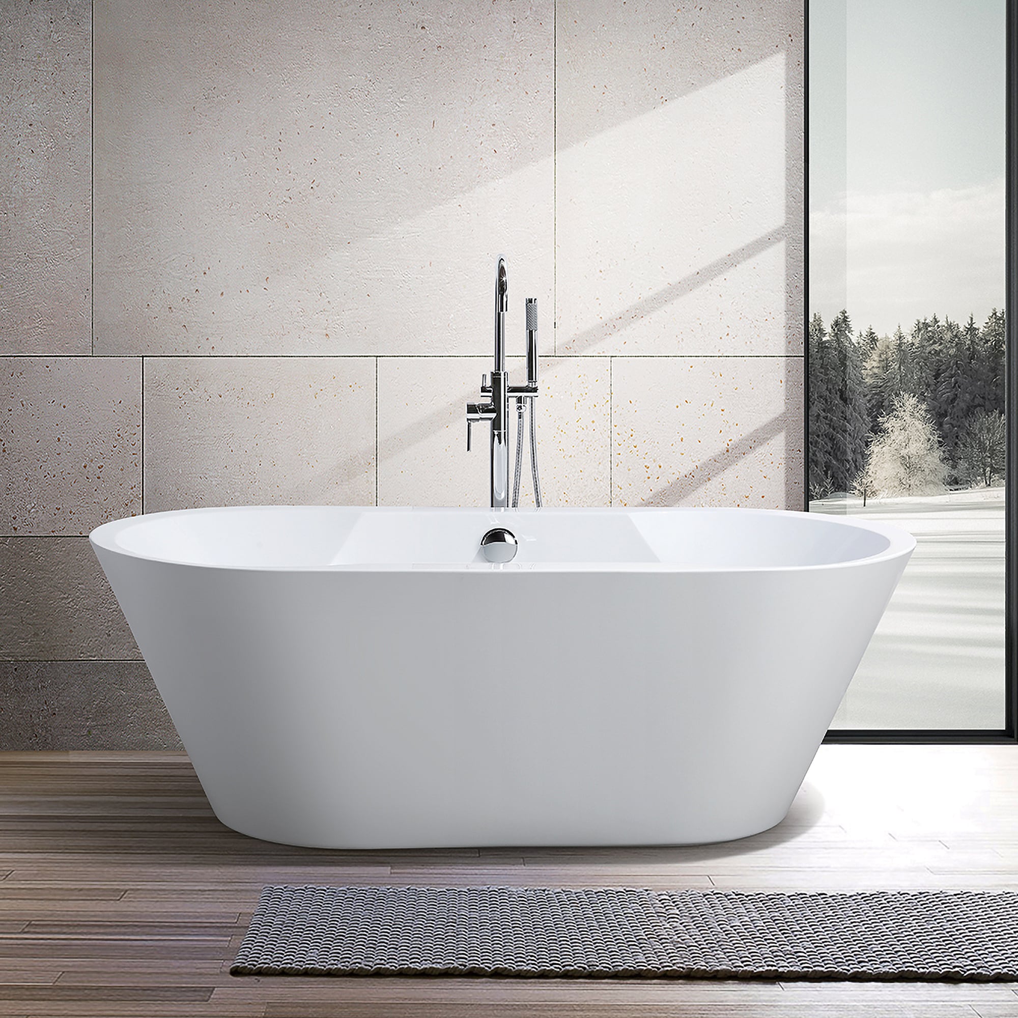 Vanity Art VA6804 31.5-in x 67-in White/Polished Chrome Acrylic Oval Freestanding Soaking bathtub ( Center Drain )