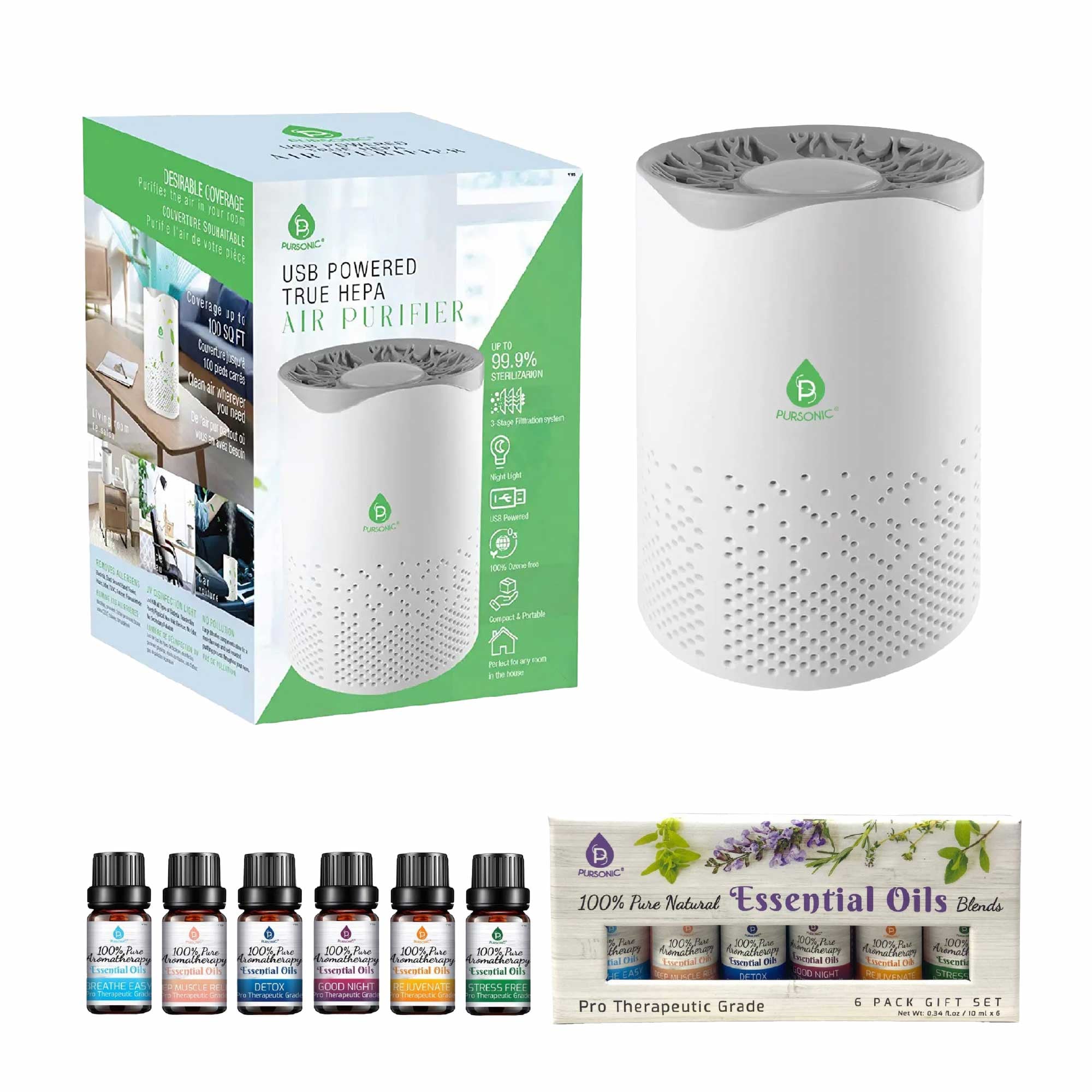 Pursonic Air Purifier with 6 Pack Premium Essential Oils