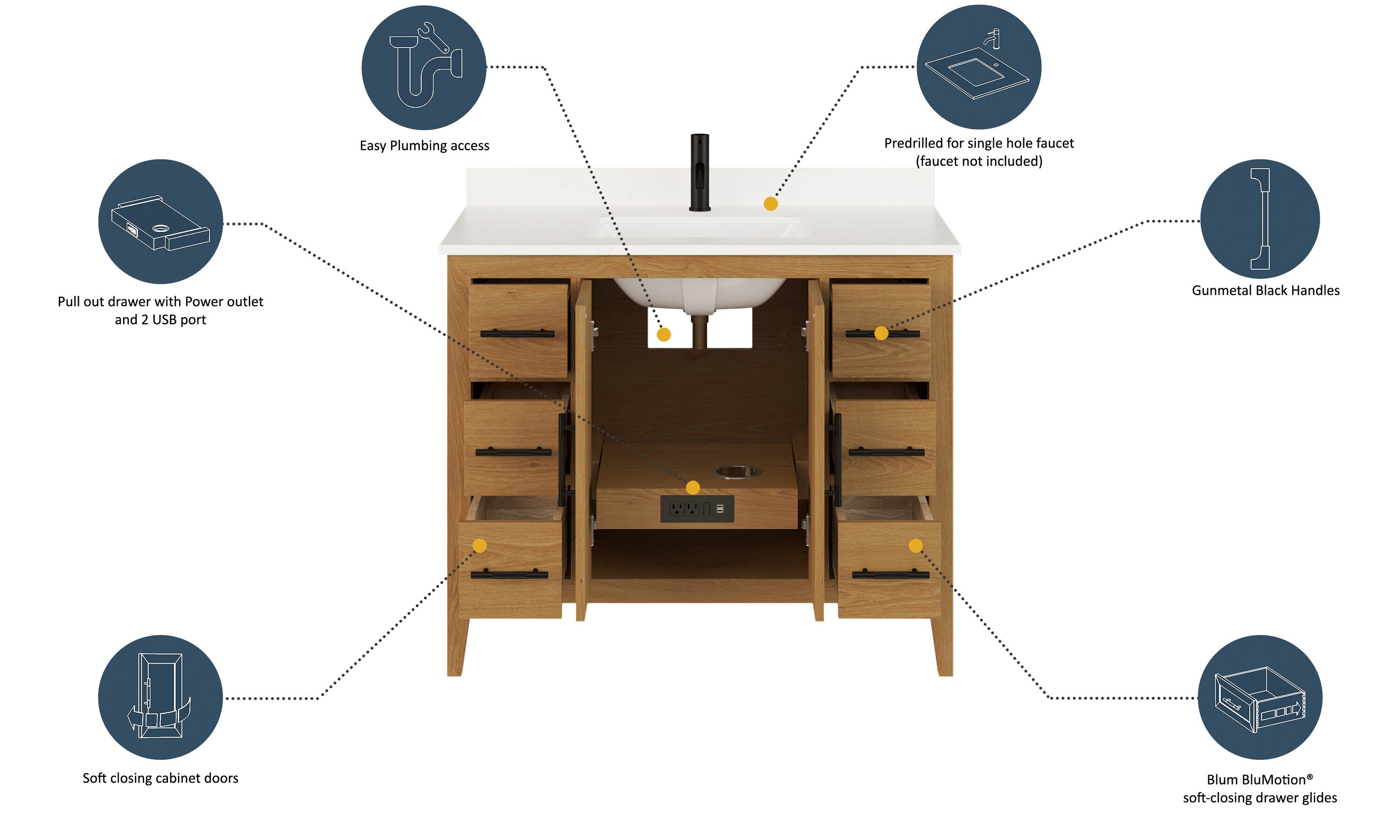 iKOU VA42WO Vienna 42 inch Engineered Stone Countertop Single Sink Bathroom Vanity with Power Bar and Drawer Organizer, White Oak at KBA Home Studio