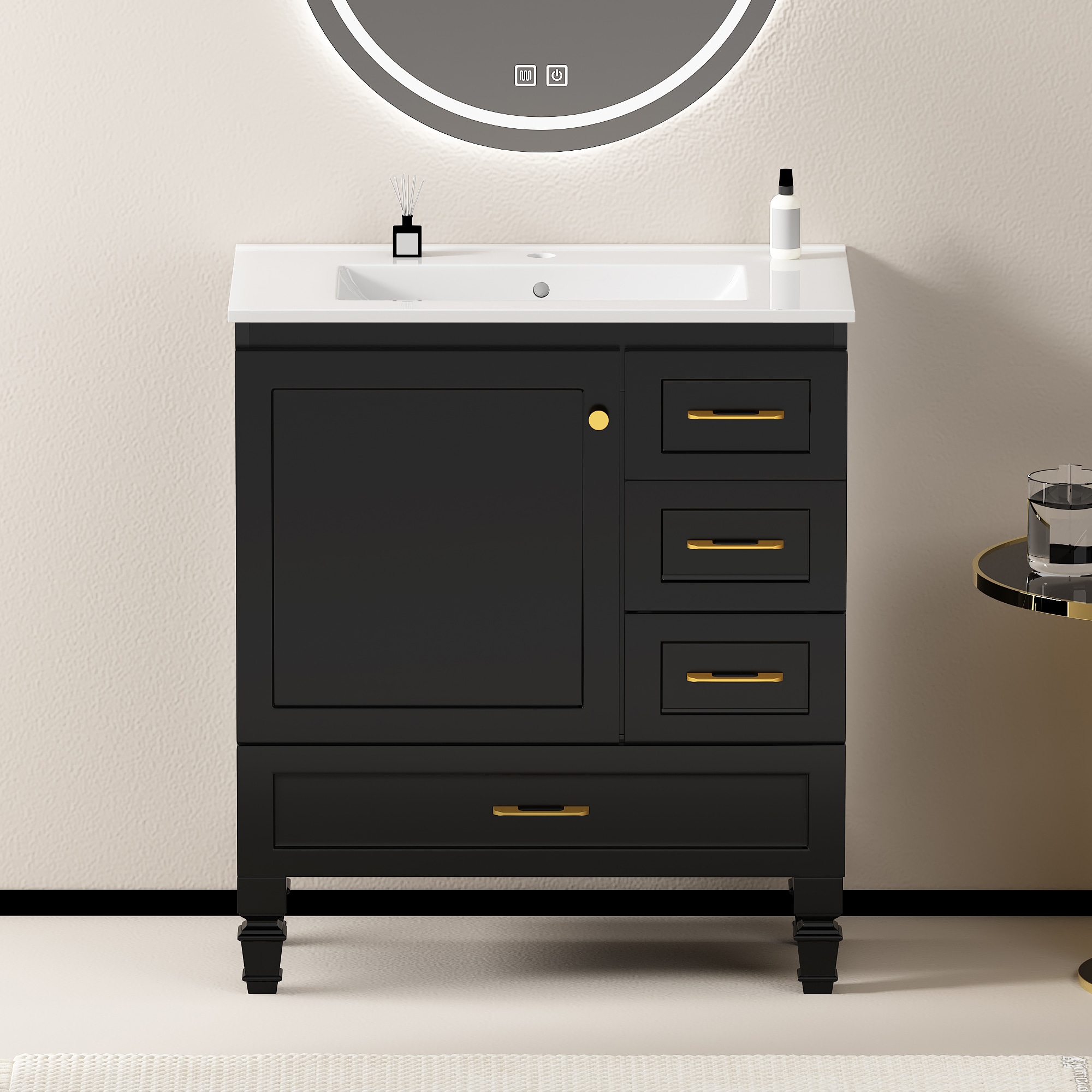 Vynxaria - 30-in Black Single Sink Freestanding Bathroom Vanity with Ceramic Top