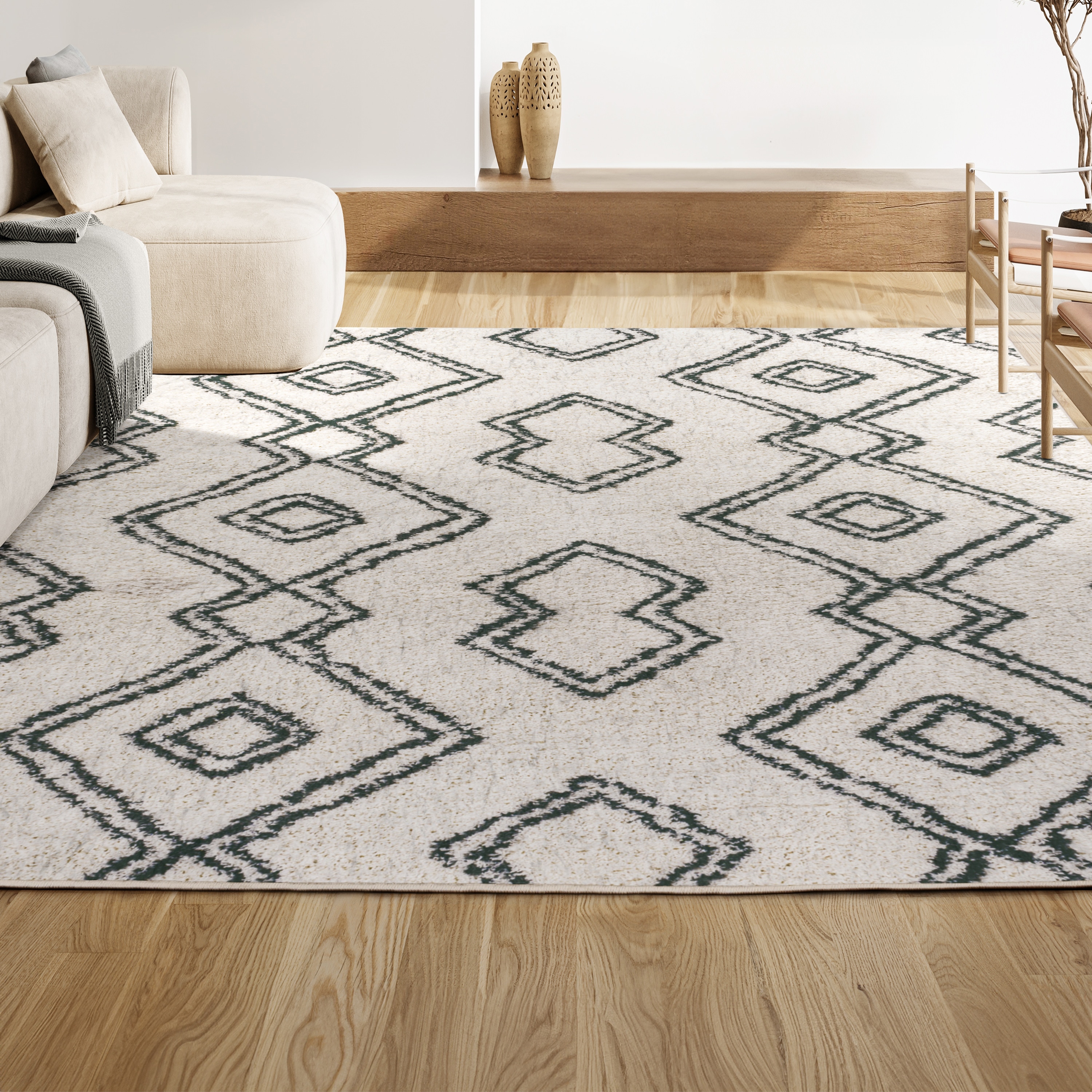 Deia Black and White Geometric Shag Area Rug