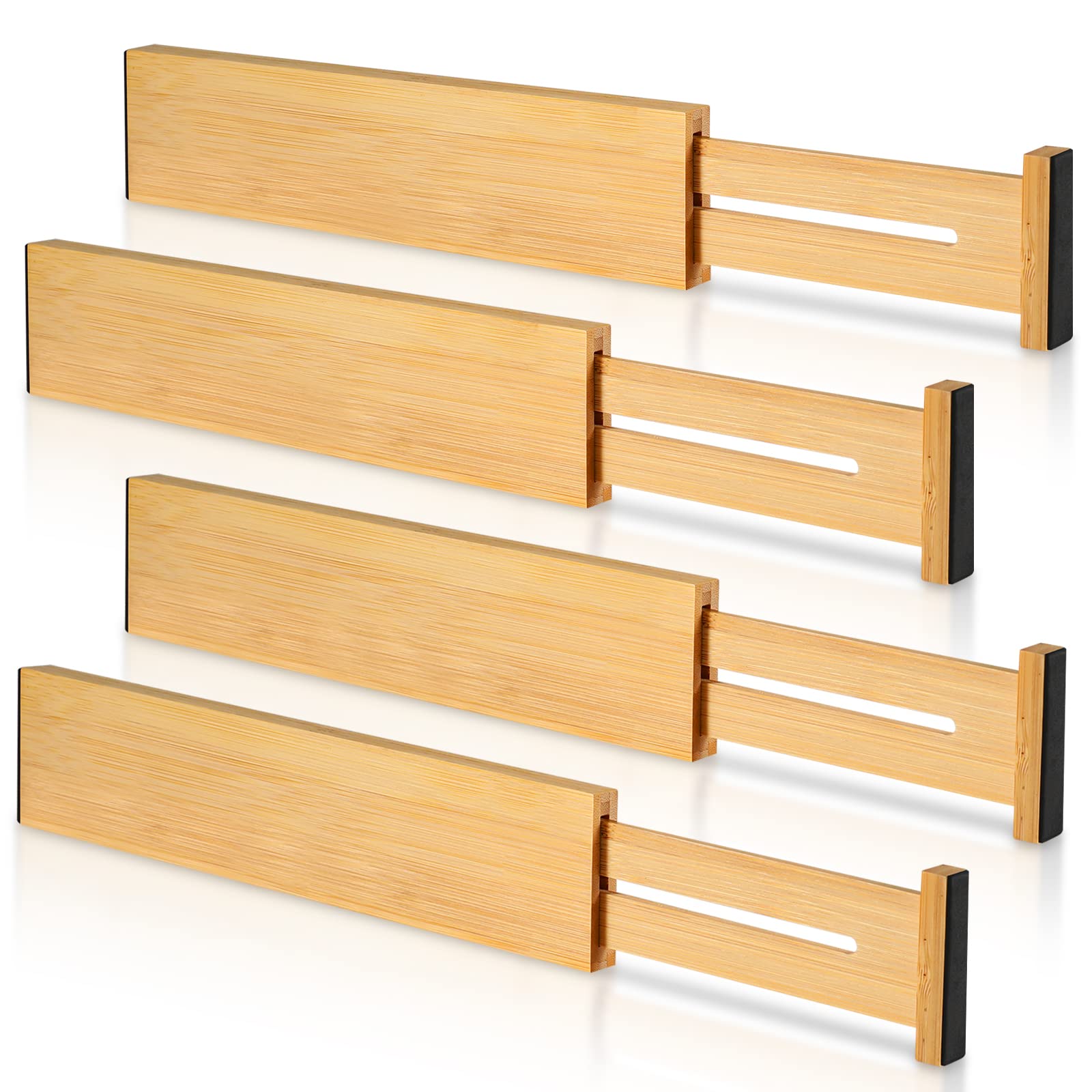 UUDULY  4 pack Bamboo Drawer Dividers Adjustable 12 to 17 Inch Expandable Organizer for Kitchen Bedroom Dresser Office Beige with Foam Padding