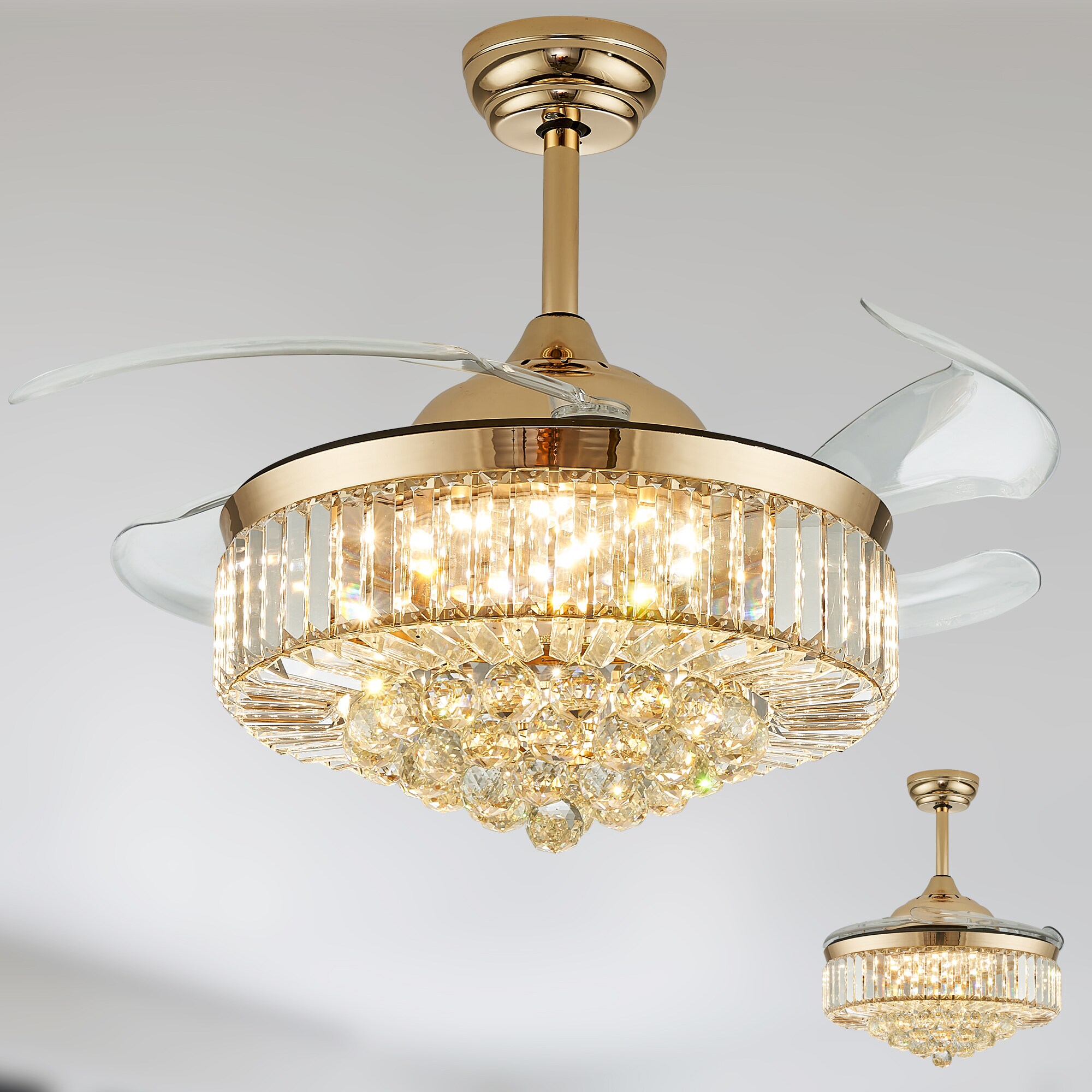 Antoine LSBD-14 Retractable Crystal Integrated 42-in Color-Changing Integrated LED Smart Glod with Clear Blades Fandelier Ceiling Fan With Light - Remote Included ( 4 -Blade )