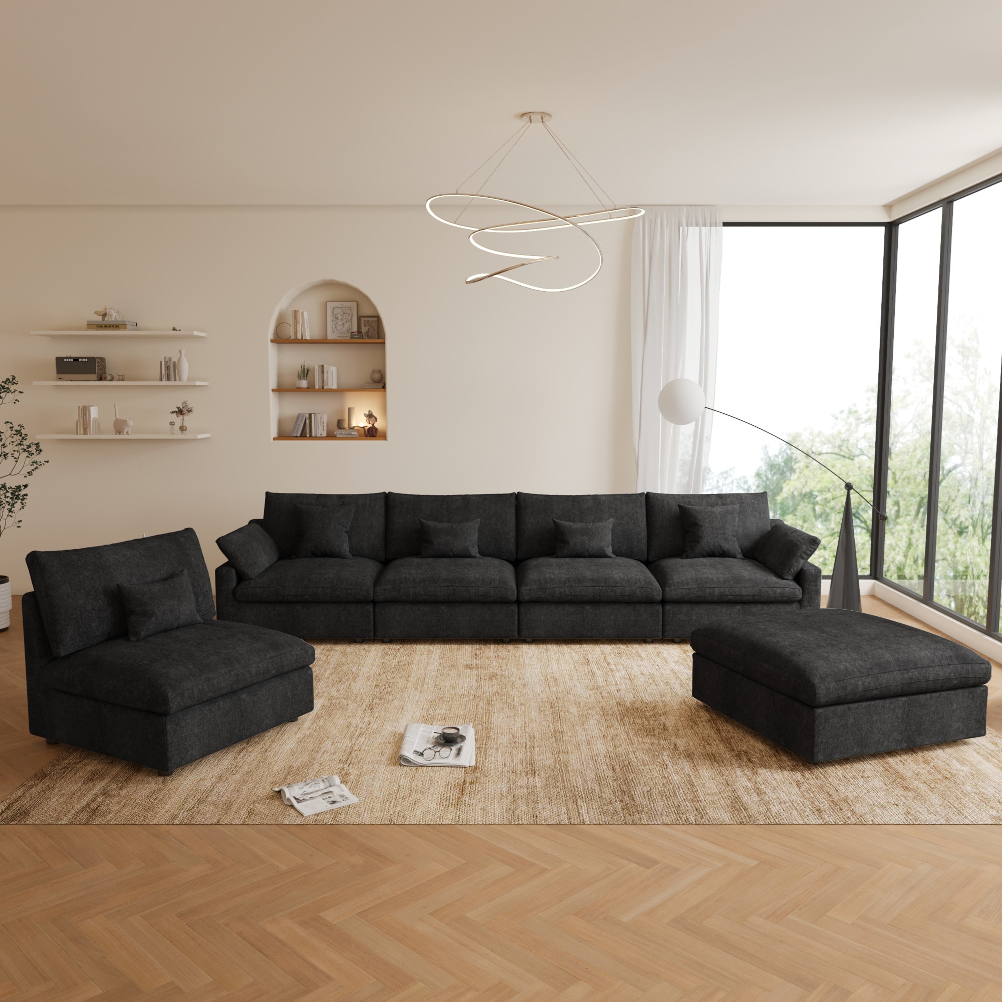 BuotiqHom DH-S5+1-140BK 119-in Modern Black Linen 6+ -seater Sectional